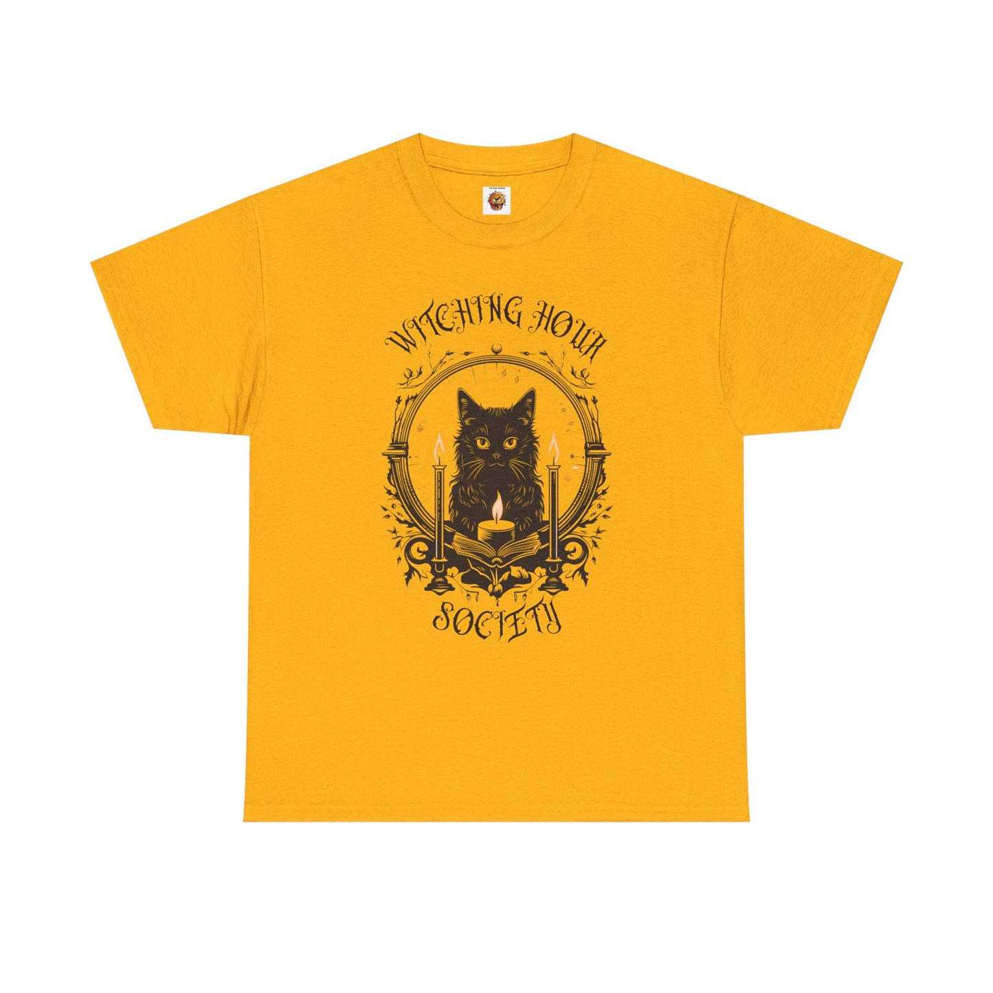 'Witching Hour Society' Cat Cat Tee Shirt- Unisex Heavy Cotton T-Shirt for Book Lovers, Reader, Gothic, Midnight, Scary, Creepy, Halloween