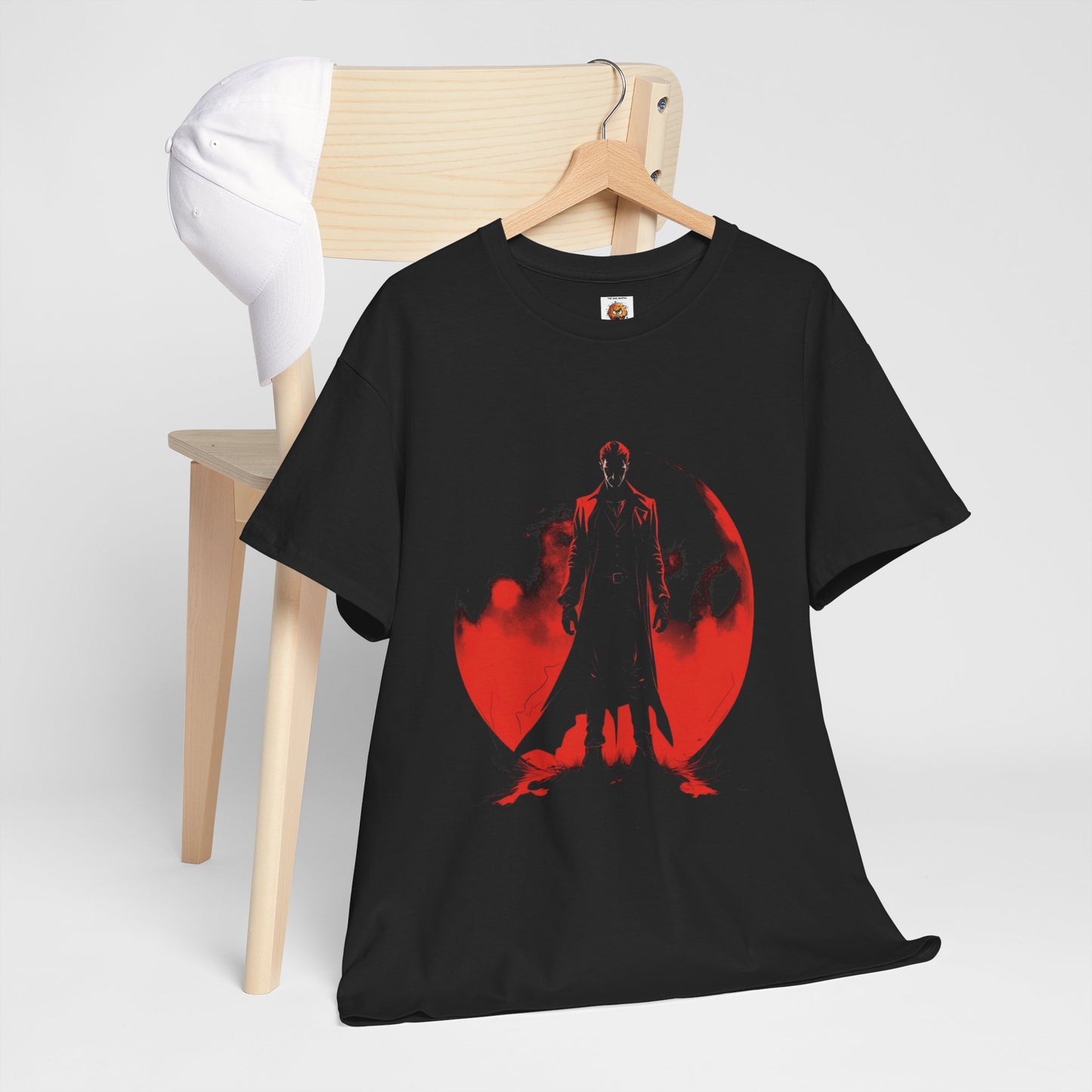 Eternal Night 001 Unisex Heavy Cotton Tee Shirt T-Shirt - Bold Red Shadow Design for Vampire Fans, Classic, Blood Red Moon, Dracula, Halloween, Scary
