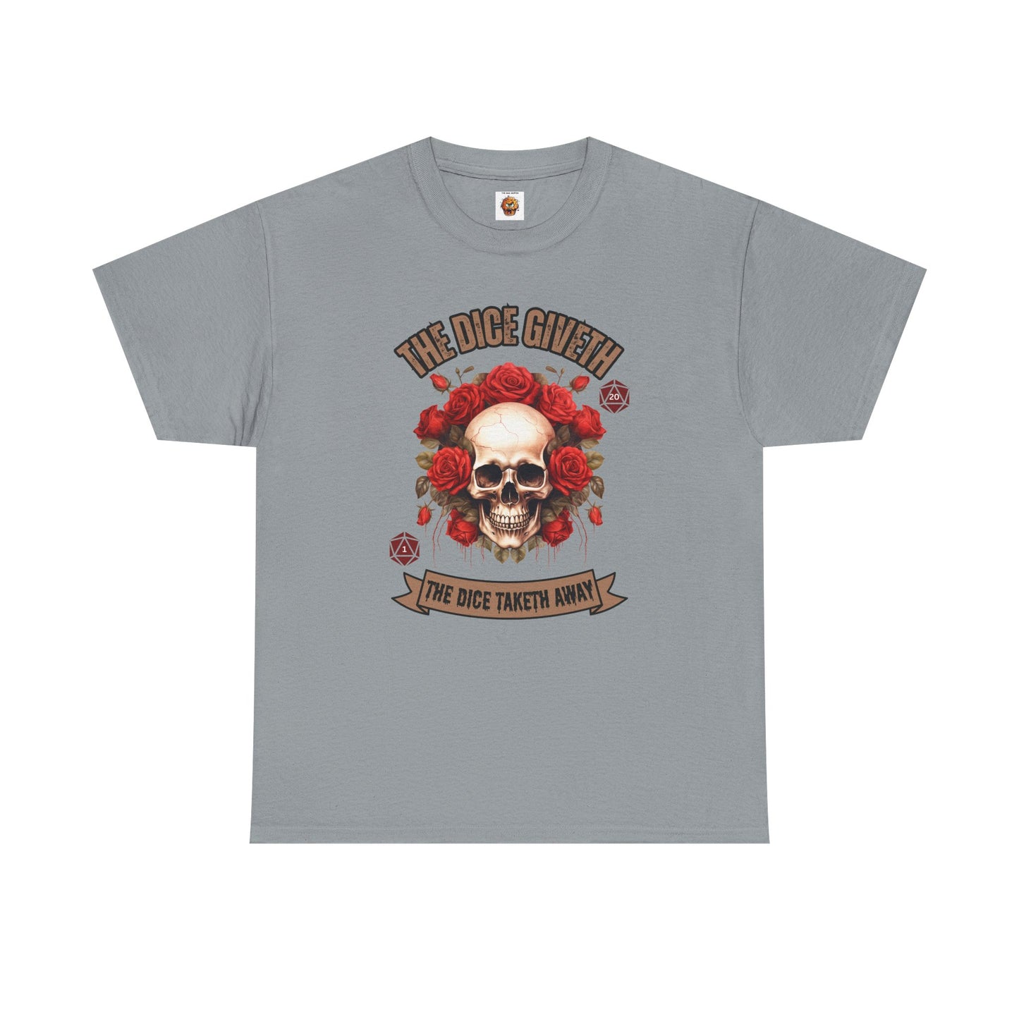 Skull & Roses 'The Dice Giveth The Dice Taketh Away' Graphic Tee, Unisex Heavy Cotton Tee, Casual Wear, Gift for Gamers, Alternative Fashion, D20, DND, RPG, TTRPG, Geek, Nerd