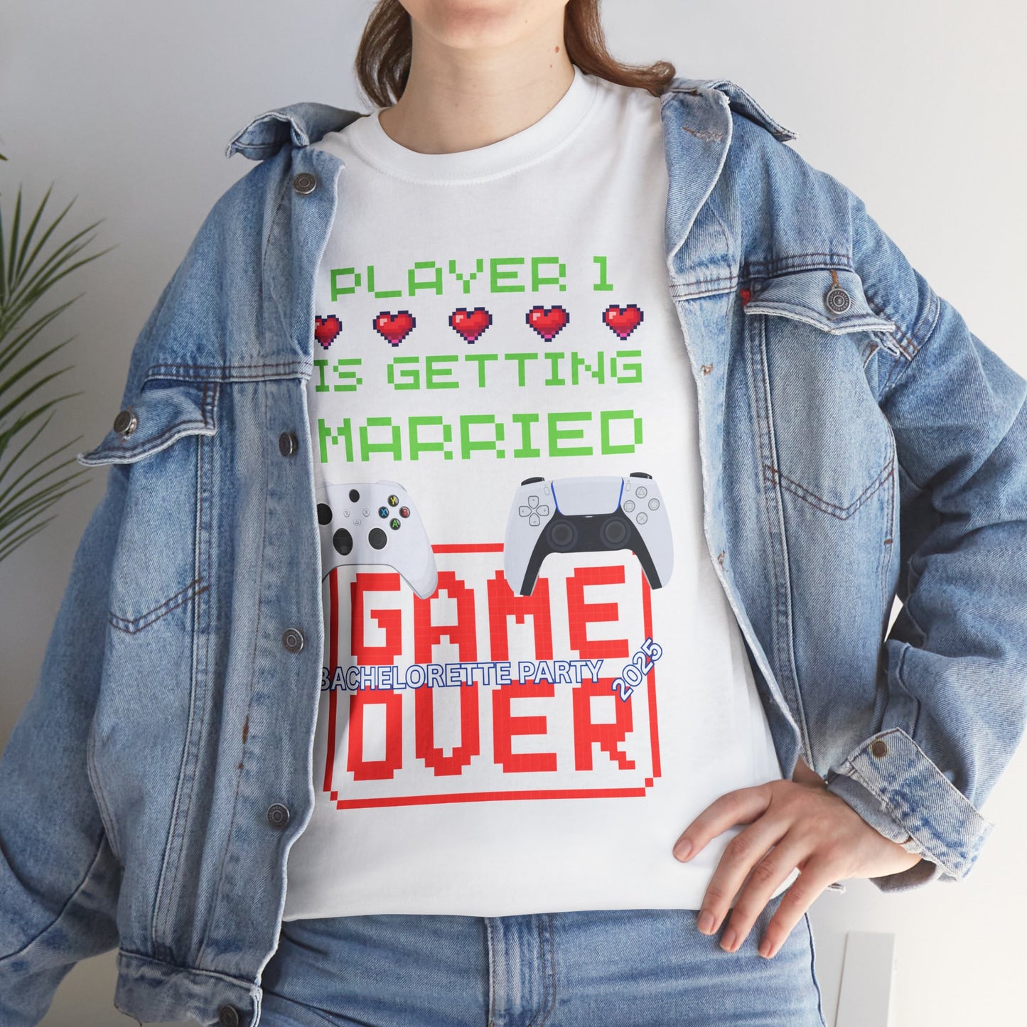 Gamer Girl Bachelorette Party 2025 Unisex Heavy Cotton Tee - "Player 1 is Getting Married", Video Game, Gaming, Console, PC, Tech, Geek, Squad, Nerd