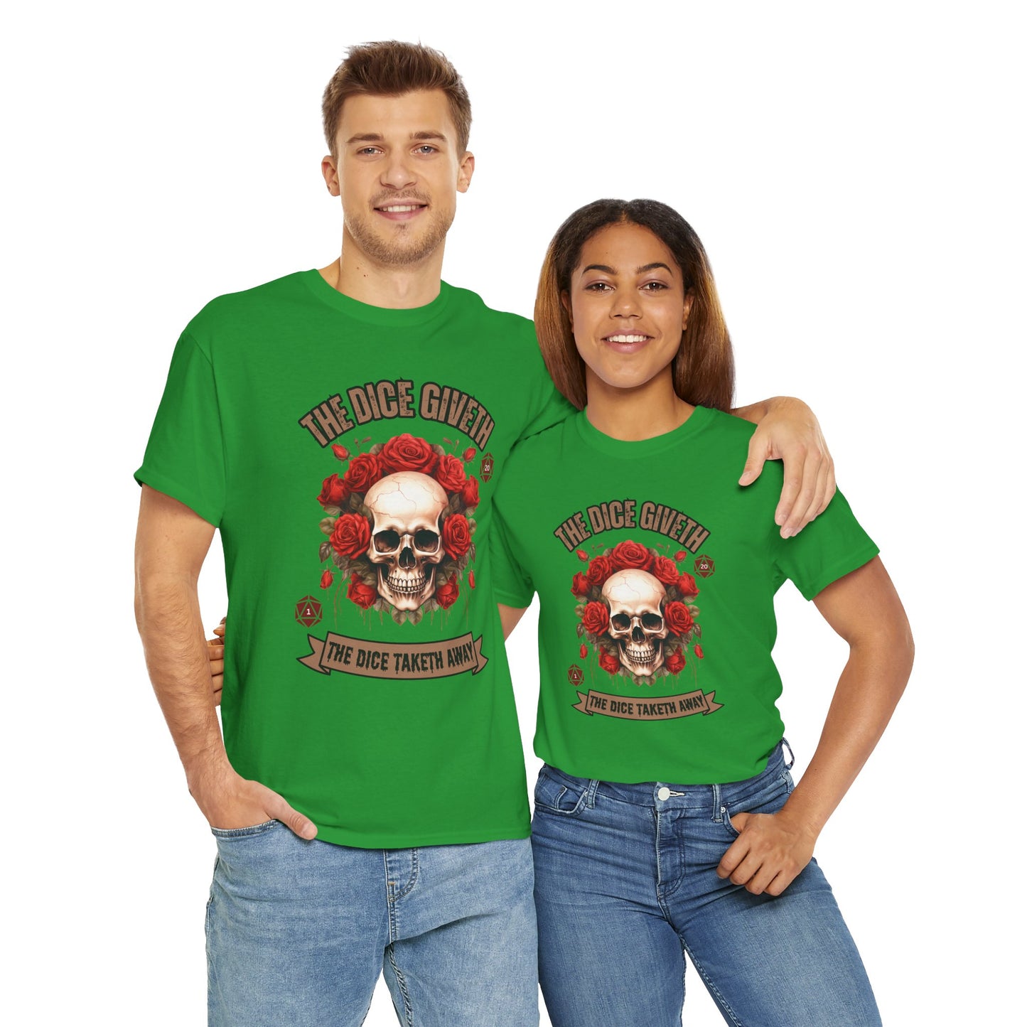 Skull & Roses 'The Dice Giveth The Dice Taketh Away' Graphic Tee, Unisex Heavy Cotton Tee, Casual Wear, Gift for Gamers, Alternative Fashion, D20, DND, RPG, TTRPG, Geek, Nerd