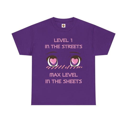 Funny Unisex Heavy Cotton Tee Shirt - 'Level 1 in the Streets, Max Level in the Sheets' Anime T-Shirt, Innuendo, Blushing, Kawaii, Cute, Geek, Nerd