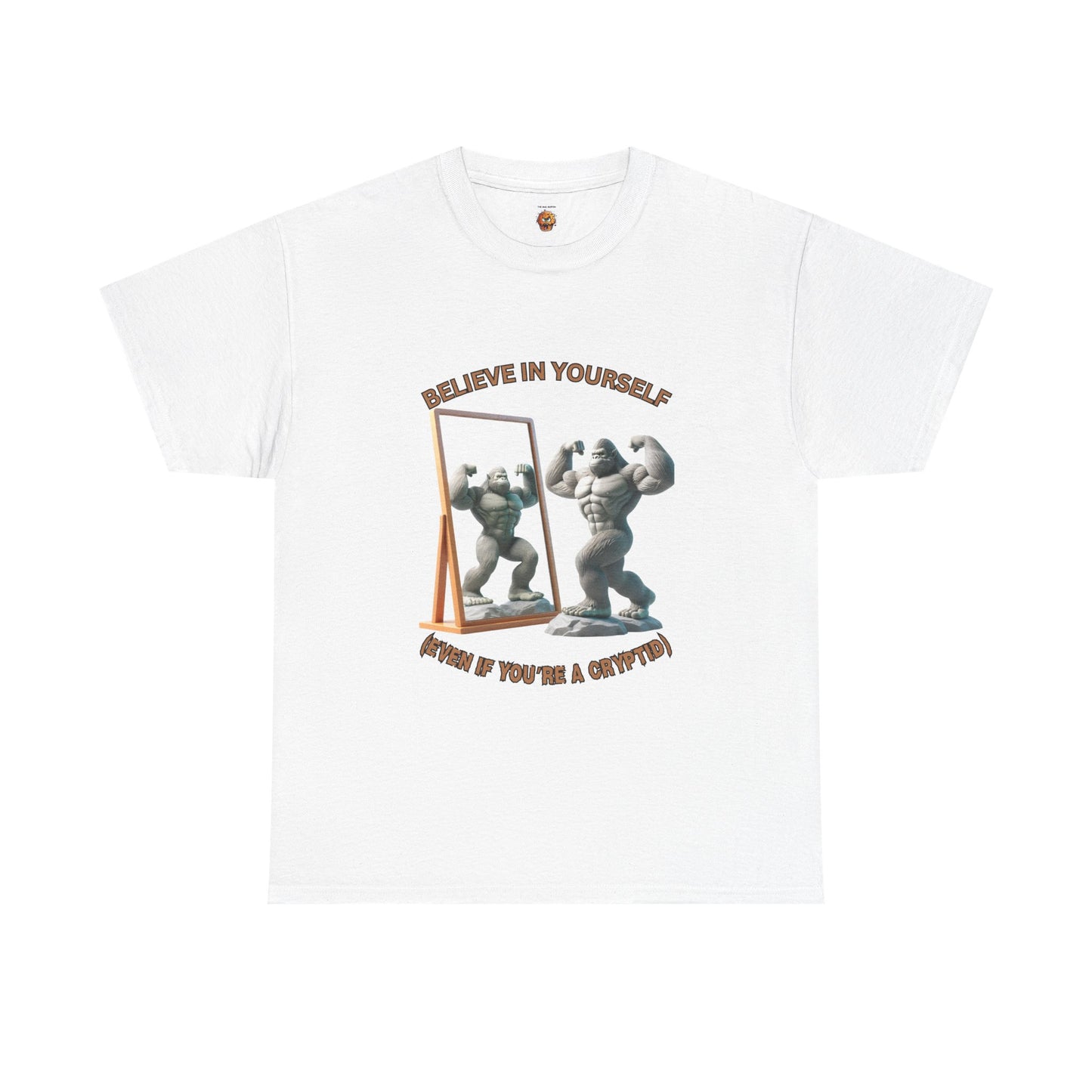 Funny 'Believe In Yourself Even If You're A Cryptid' Bigfoot Motivational Unisex Heavy Cotton Tee | Fitness Inspiration | Gift for Gym Lovers, Paranormal, Aliens, Geek, Nerd