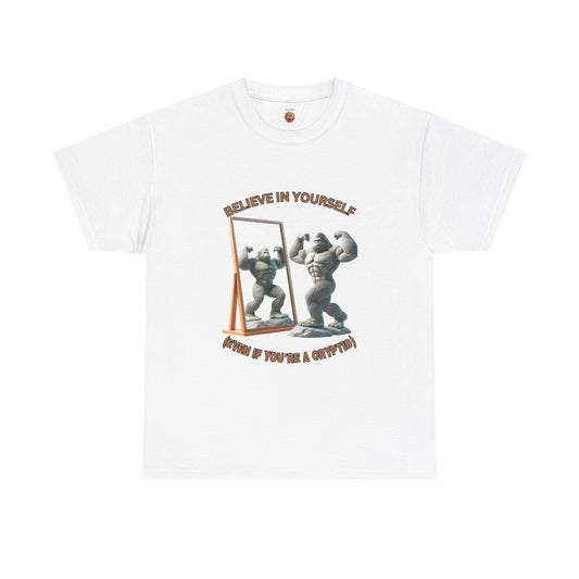 Funny 'Believe In Yourself Even If You're A Cryptid' Bigfoot Motivational Unisex Heavy Cotton Tee | Fitness Inspiration | Gift for Gym Lovers, Paranormal, Aliens, Geek, Nerd