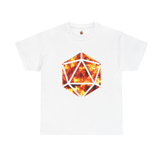 D20 Fire Element Fiery Geometric Unisex Tee - Bold Graphic Cotton Shirt, Casual Wear, Streetwear, Gamer Gift, Unique Art Tee, DND, RPG, TTRPG, Geek, Nerd