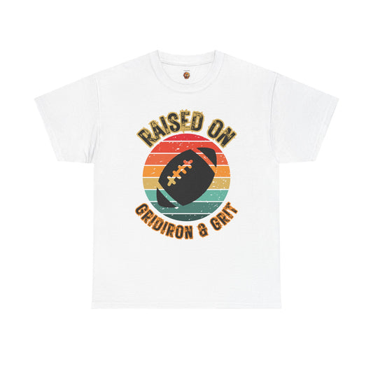 Raised On Gridiron & Grit Retro Football Inspired Unisex Heavy Cotton Tee, Sports T-Shirt, Gift for Football Fans, Trendy Casual Wear, Vintage Gridiron Style