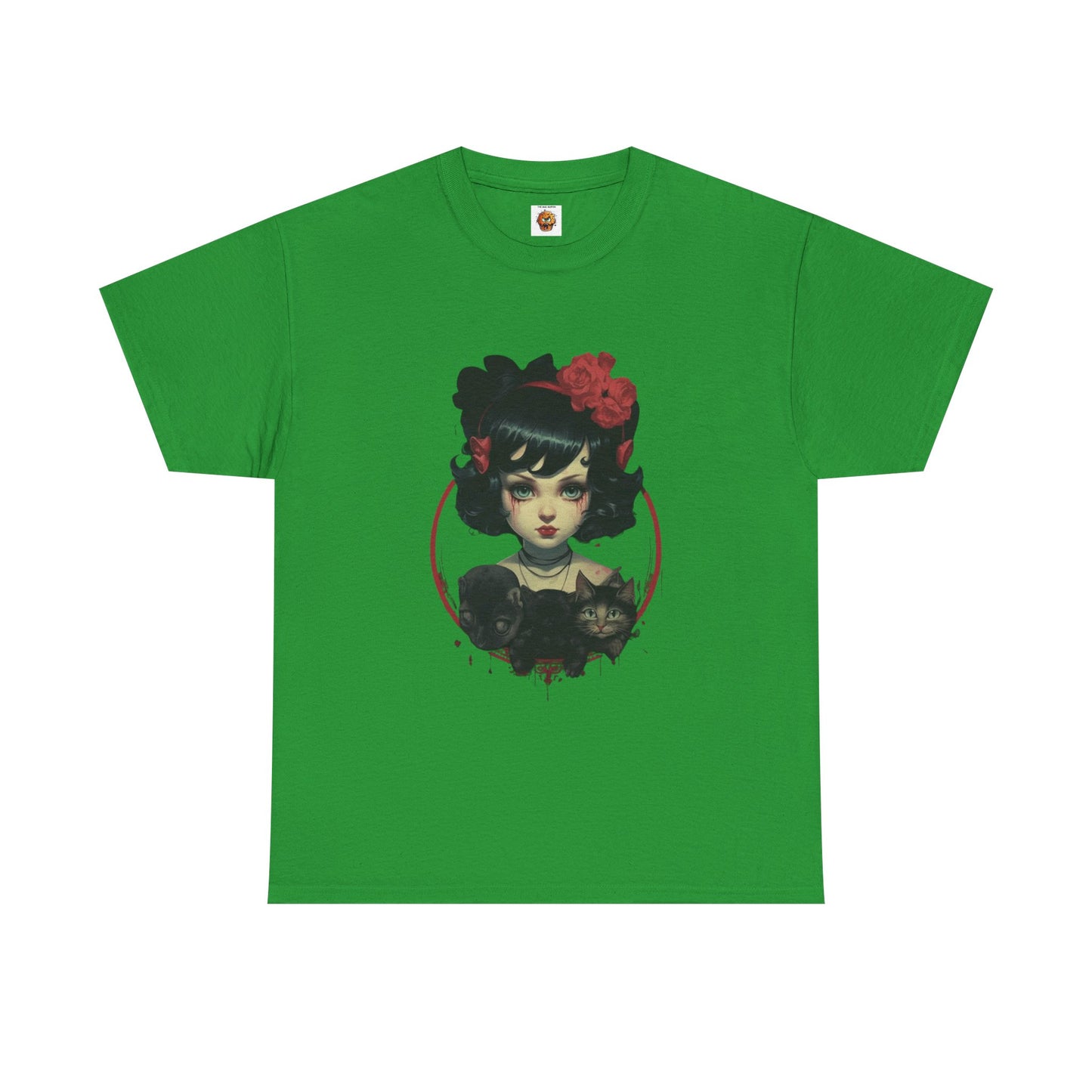 Coquette Gothic Girl With Cat Pets Unisex Heavy Cotton Tee Shirt T-Shirt - Artistic Floral Design, Horror, Scary, Disturbing, Halloween, Geek, Nerd
