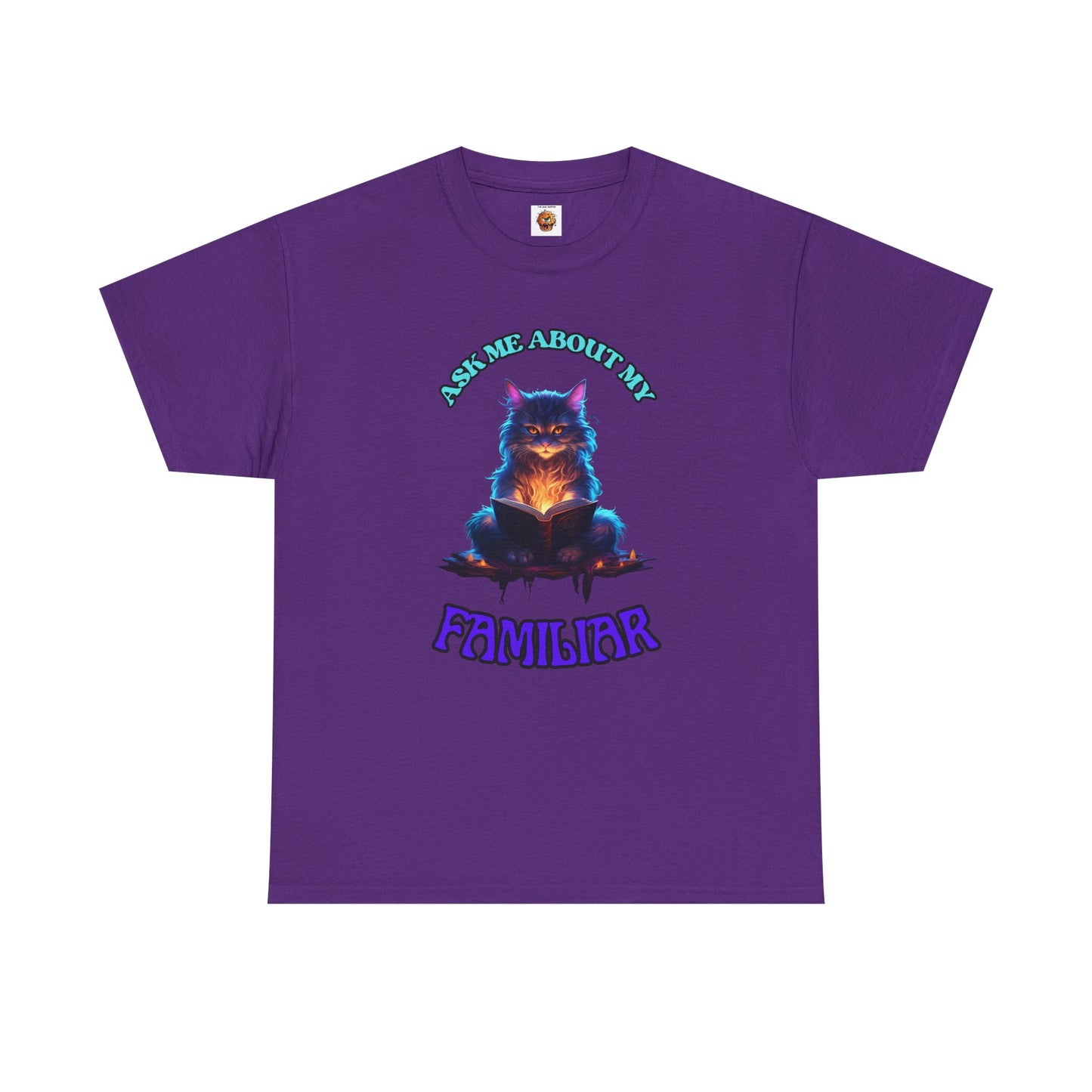 'Ask Me About My Familiar' Mystical Cat Enamel Tee, Cute Animal T-Shirt, Gift for Cat Lovers, Fun Graphic Tee, Witch, DND, RPG, TTRPG, Geek, Nerd
