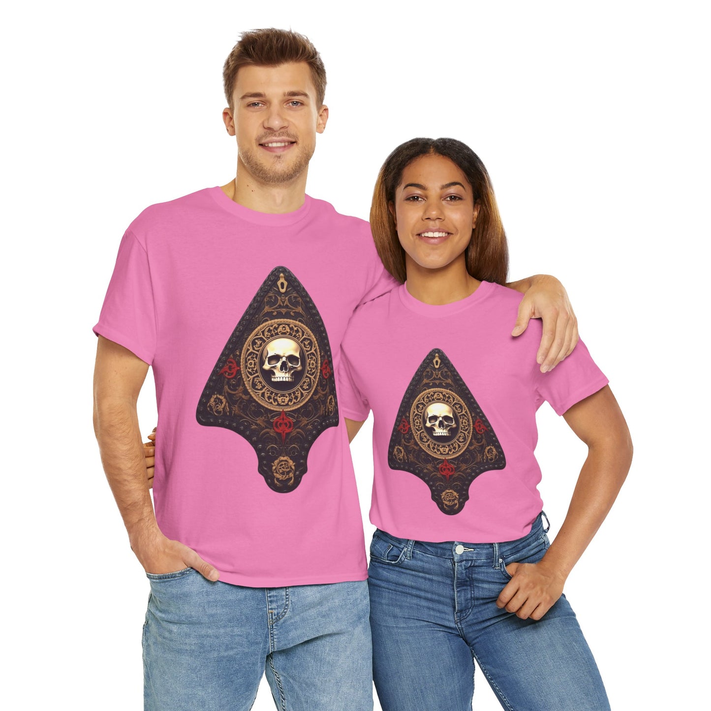 Skull Design Ouija Planchette Unisex Heavy Cotton Tee Shirt - Unique Graphic T-Shirt for Horror Fans, Scary, Gothic, Halloween, Geek, Nerd