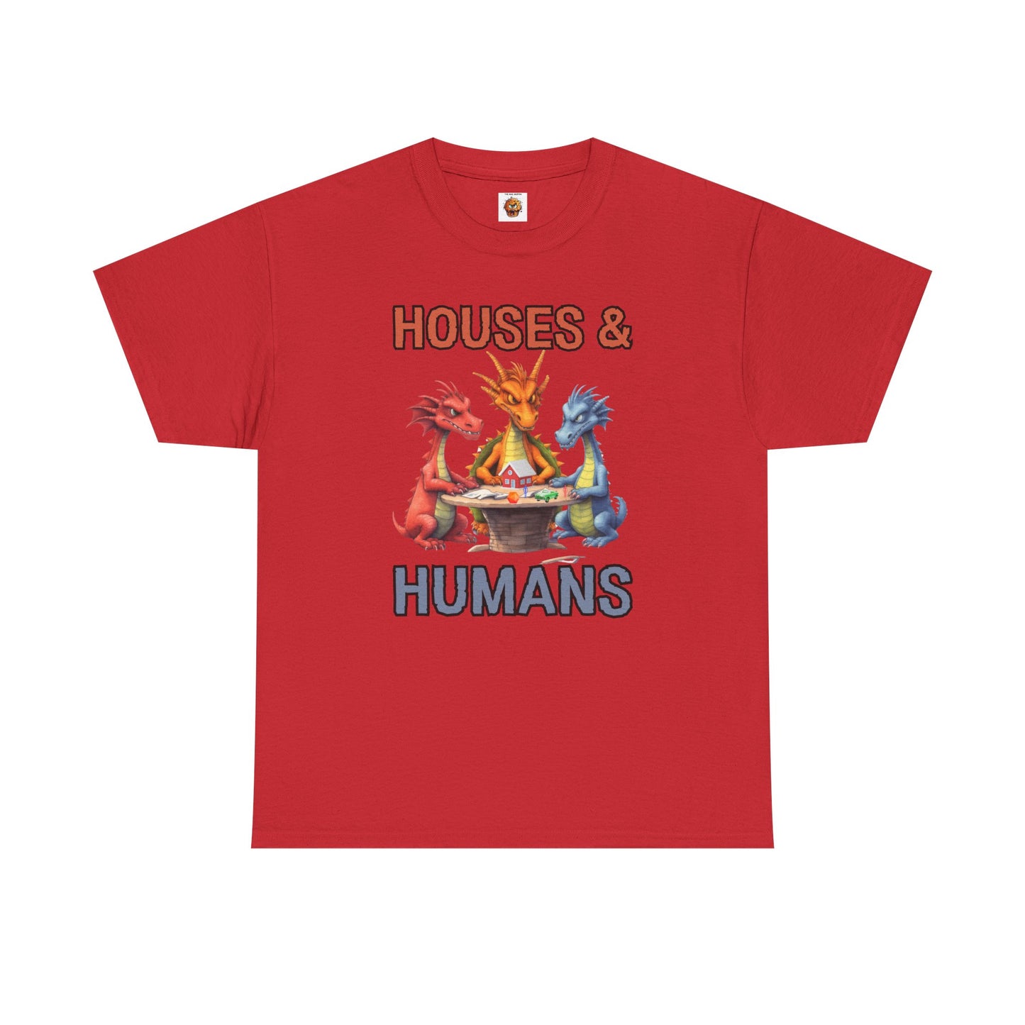 Funny 'Houses & Humans' Unisex Dragon Graphic Tee | Cute Fantasy Shirt for Fans | Gifts for Gamers, D&D, DND, RPG, TTRPG, Roleplaying, Geek, Nerd, D20