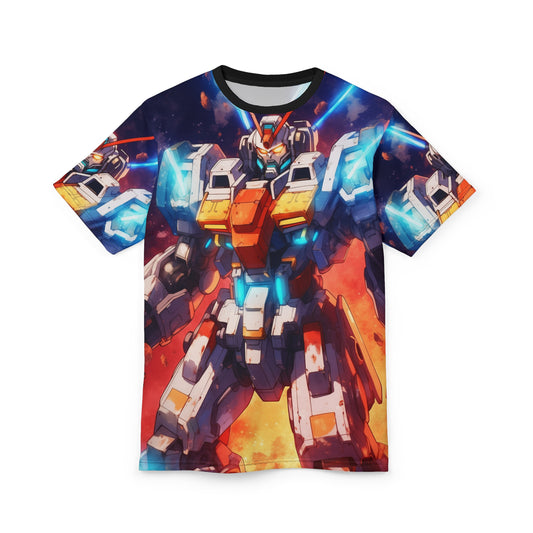 Galactic Mecha Core Breach Energy Unisex AOP Tee - Vibrant Sci-Fi Robot Graphic Shirt, Gundam, Evangelion, Battle Suit, Armor