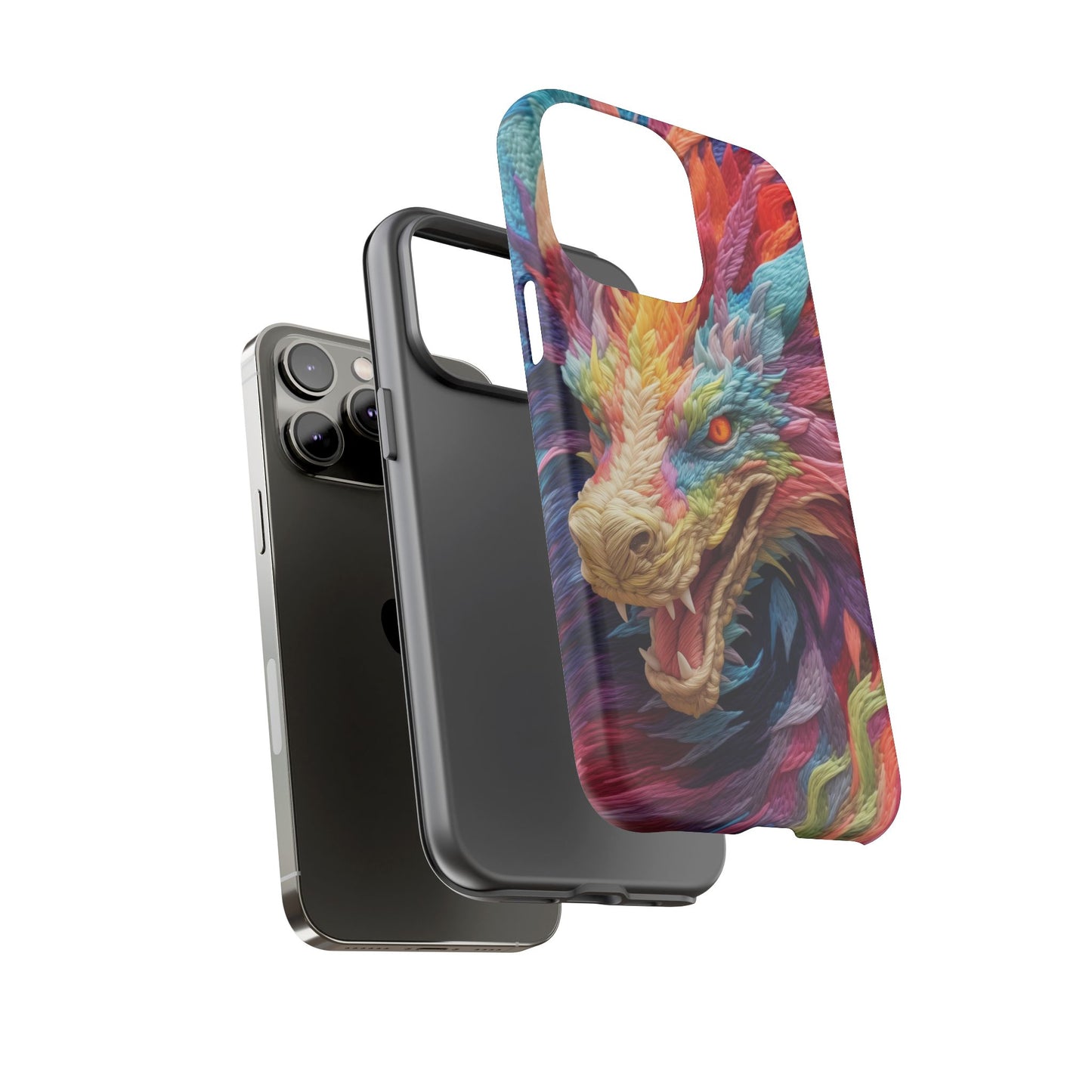 Vibrant 3D Embroidery Embroidered Rainbow Dragon Phone Case - Tough Protection for Fantasy Lovers, DND, RPG, TTRPG, Geek, Nerd
