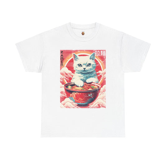 Cute Kawaii Anime Cat Eating Ramen Unisex Heavy Cotton Tee Shirt T-Shirt - Perfect for Animal Lovers and Foodies, Vintage Ad Style, Geek, Nerd