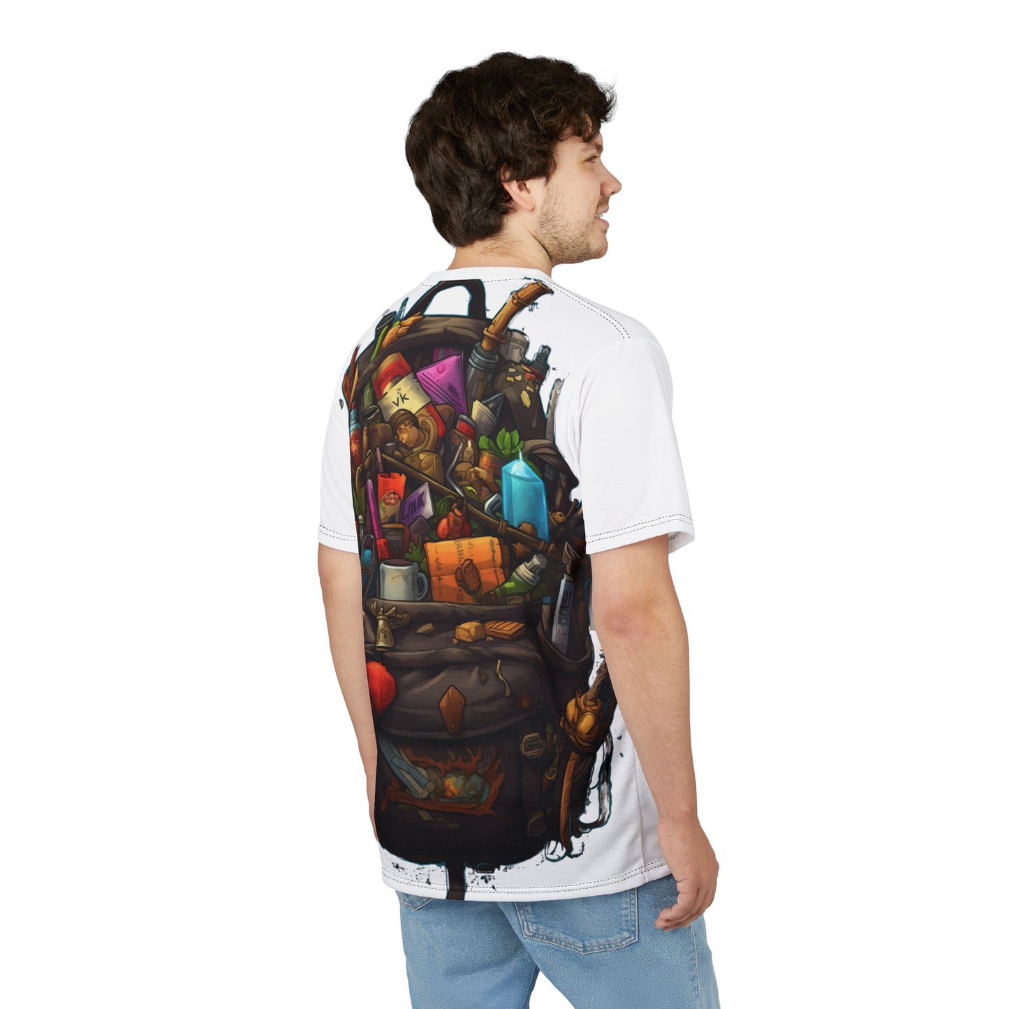 Adventurer's Backpack Unisex AOP Tee - Rope, Rations, Spell scrolls, Potions, Daggers, Coins, Magic Items, DND, RPG, Geek, Nerd