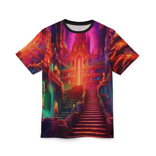 Dungeon & Dragon AOP Vibrant Fantasy Staircase Tee, Colorful Artistic T-Shirt, Unique Gift for Art Lovers, Casual Wear, Graphic Tee for Events, DND, RPG, TTRPG, Geek, Nerd