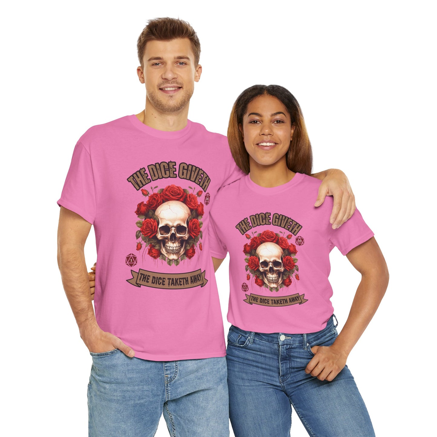 Skull & Roses 'The Dice Giveth The Dice Taketh Away' Graphic Tee, Unisex Heavy Cotton Tee, Casual Wear, Gift for Gamers, Alternative Fashion, D20, DND, RPG, TTRPG, Geek, Nerd