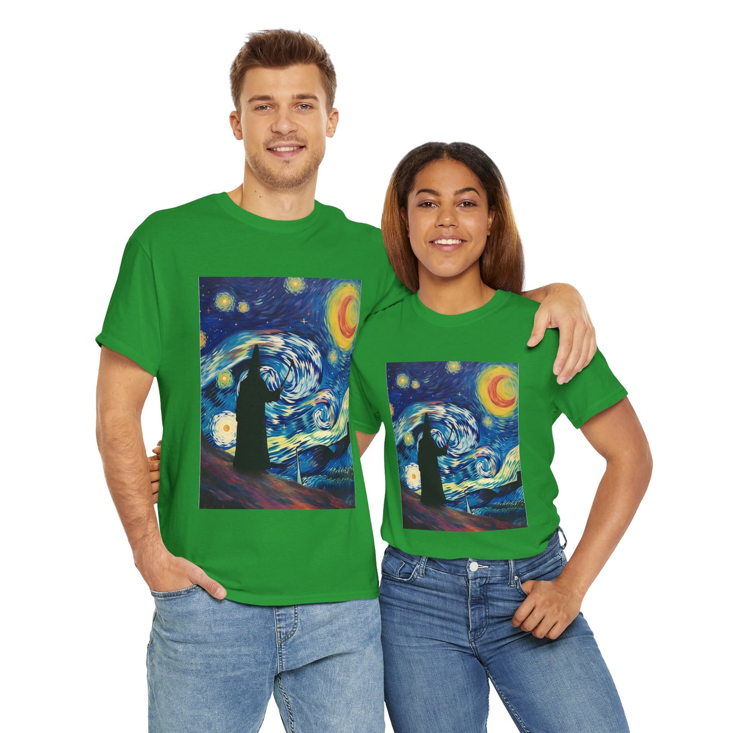 Casting Wizard Starry Night Unisex Heavy Cotton Tee - Artistic Graphic T-Shirt, D&D, DND, Fantasy, Magic, RPG, TTRPG, Geek, Nerd