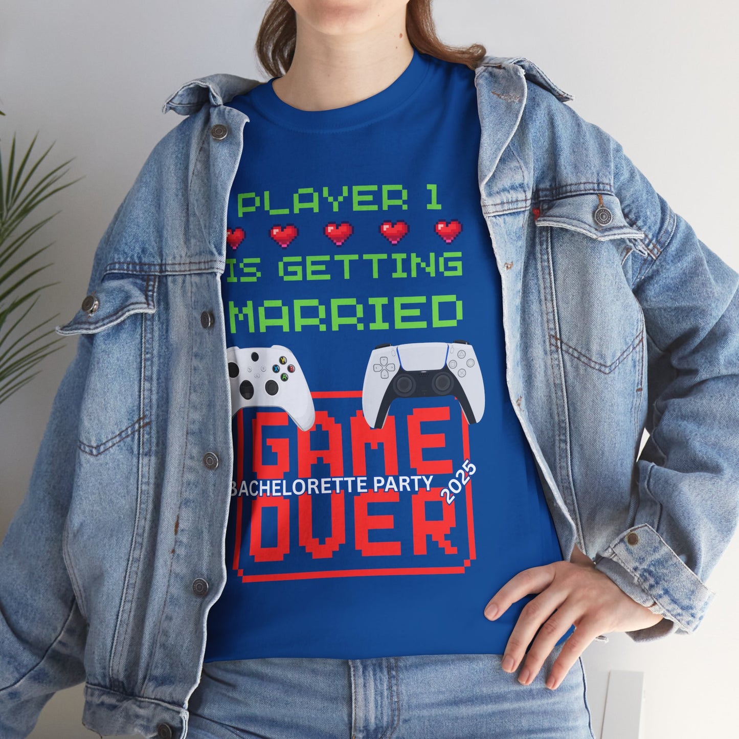 Gamer Girl Bachelorette Party 2025 Unisex Heavy Cotton Tee - "Player 1 is Getting Married", Video Game, Gaming, Console, PC, Tech, Geek, Squad, Nerd