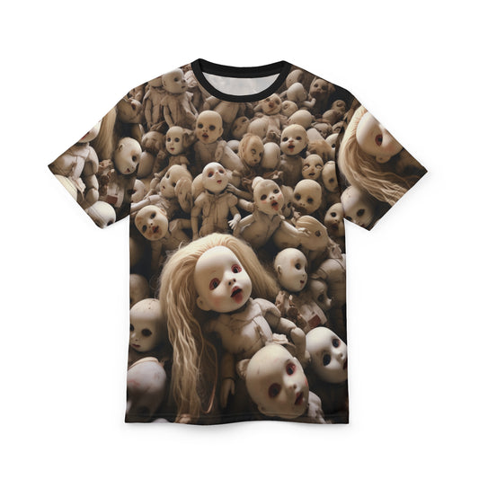 Creepy Mass of Dolls AOP Unisex Tee - For Halloween and Horror Fans, Scary, Gothic, T-Shirt