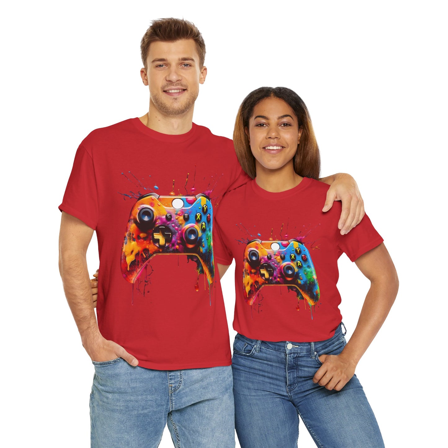 Colorful Paint Gamer Unisex Heavy Cotton Tee Shirt - Domestic Video Game Controller Design, Gaming, Console, T-Shirt, Rainbow Colors, Geek, Nerd