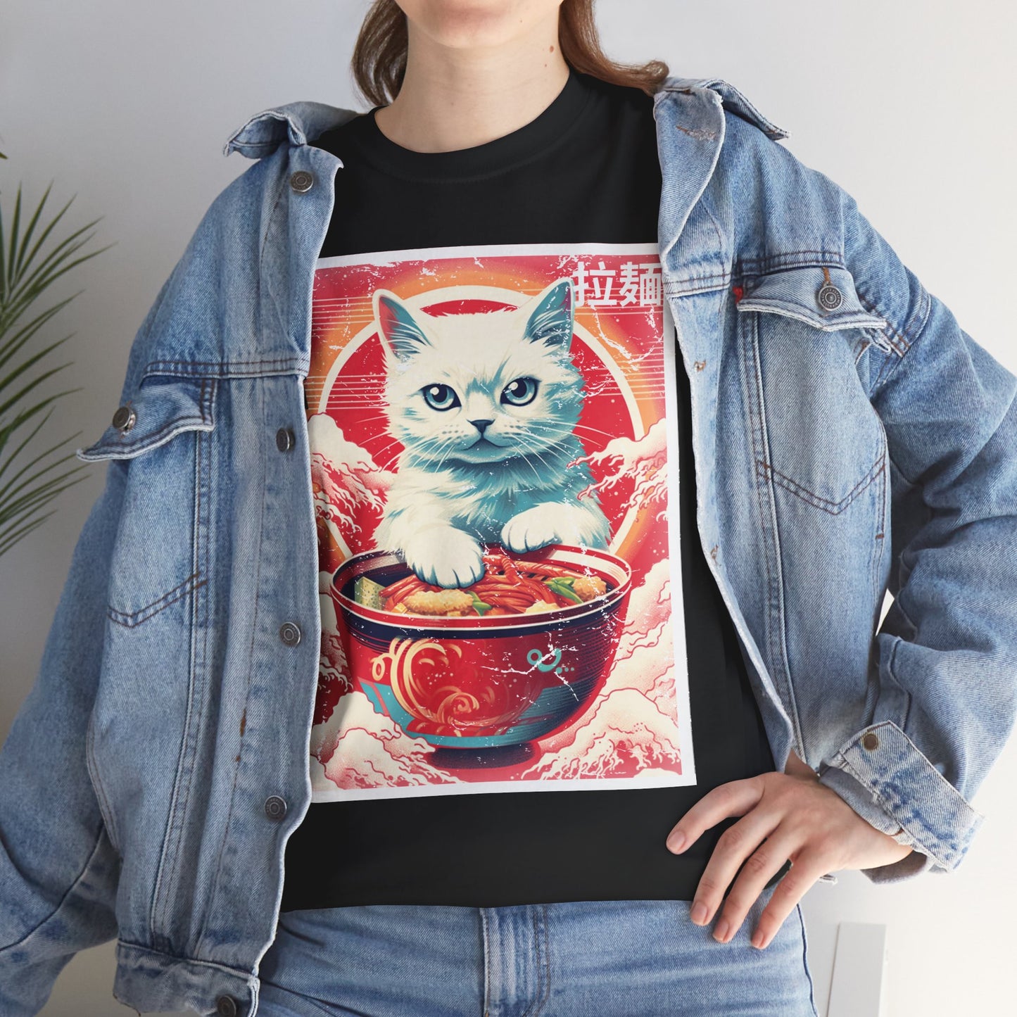 Cute Kawaii Anime Cat Eating Ramen Unisex Heavy Cotton Tee Shirt T-Shirt - Perfect for Animal Lovers and Foodies, Vintage Ad Style, Geek, Nerd