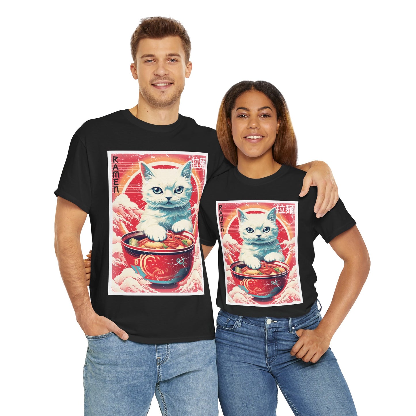 Cute Kawaii Anime Cat Eating Ramen Unisex Heavy Cotton Tee Shirt T-Shirt - Perfect for Animal Lovers and Foodies, Vintage Ad Style, Geek, Nerd