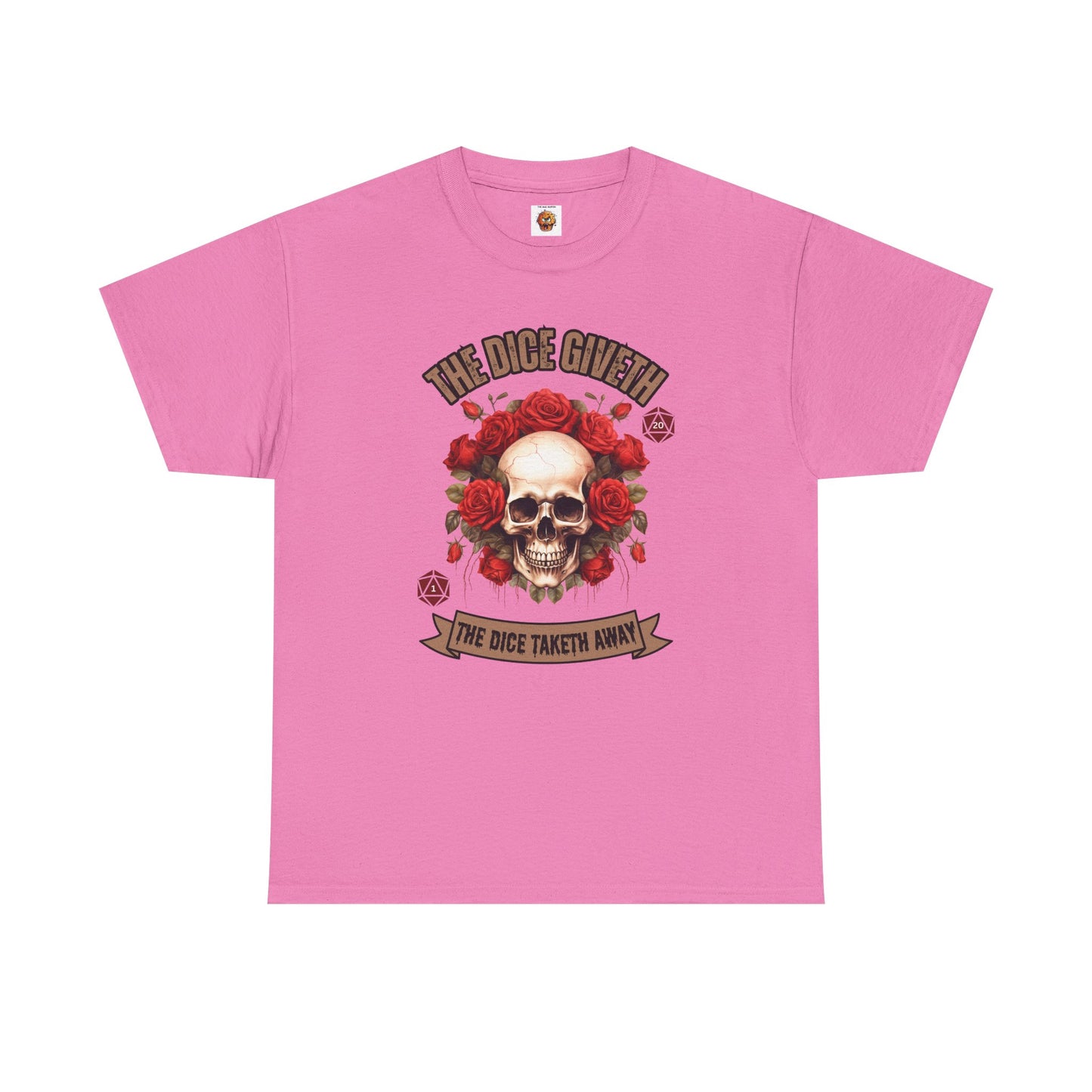 Skull & Roses 'The Dice Giveth The Dice Taketh Away' Graphic Tee, Unisex Heavy Cotton Tee, Casual Wear, Gift for Gamers, Alternative Fashion, D20, DND, RPG, TTRPG, Geek, Nerd