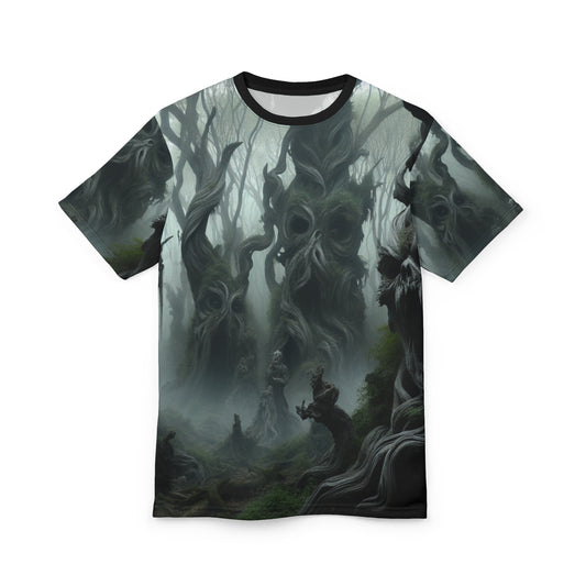 Mystical Living Forest AOP Unisex Tee - Enchanted Faces In The Trees Design, Horror, Scary, Creepy, Halloween, Haunted, Eerie