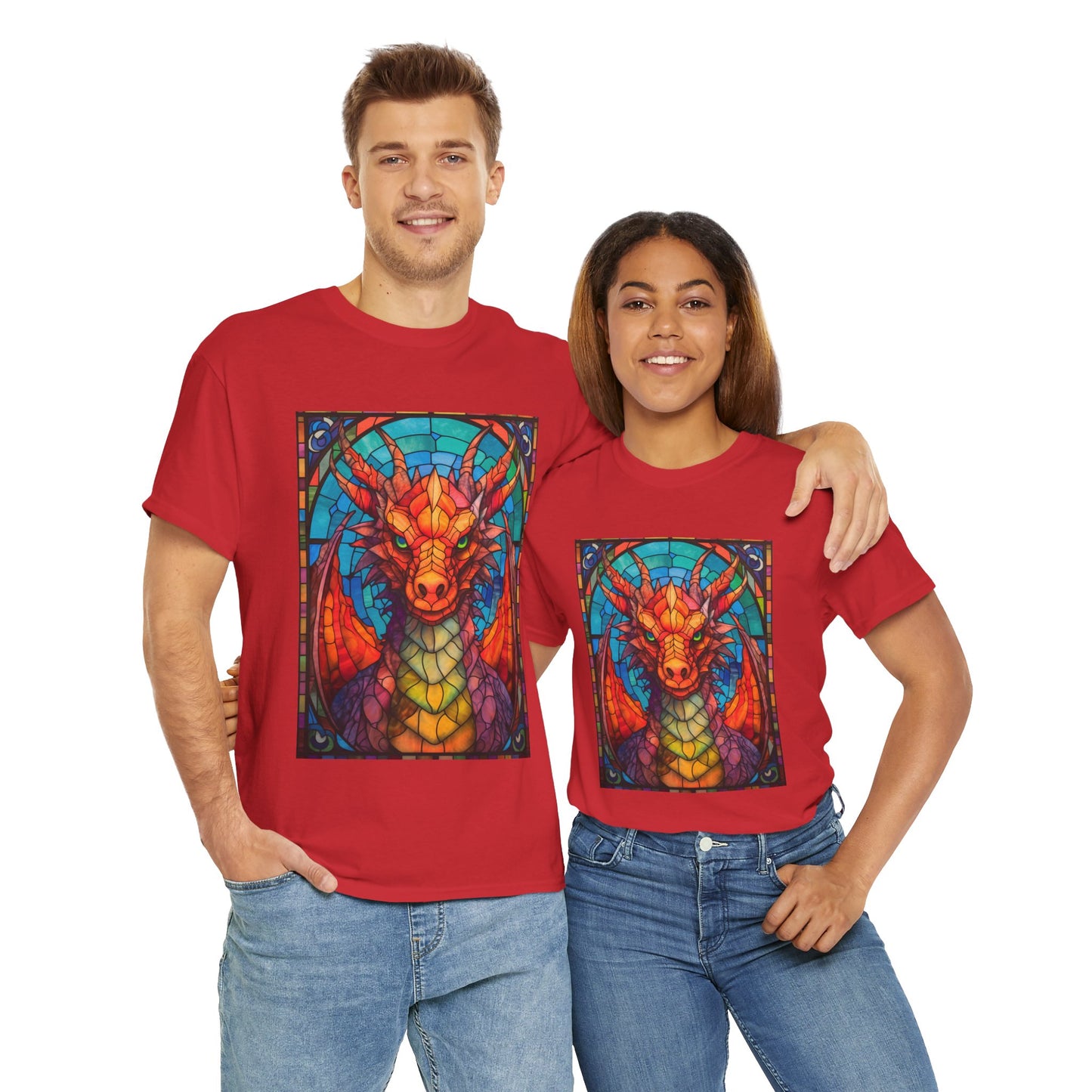 Dungeons And Dragons DND Stained Glass Red Dragon Tee Shirt - Unisex Heavy Cotton T-Shirt for Fantasy Lovers, Geek, Nerd