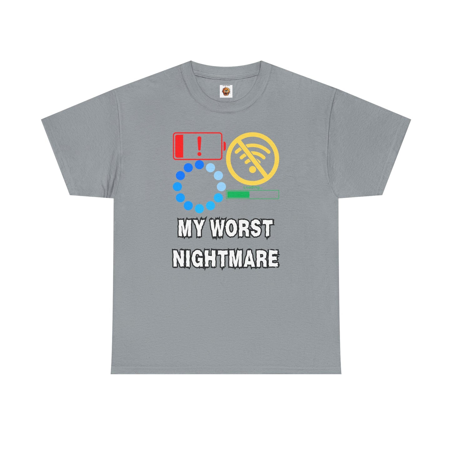 My Worst Nightmare Unisex Heavy Cotton Tee - Funny Graphic T-Shirt for Tech Lovers, Low Battery, No WiFi, Buffering, Loading, PC, Gamer, Gaming, Video Game, Geek, Nerd