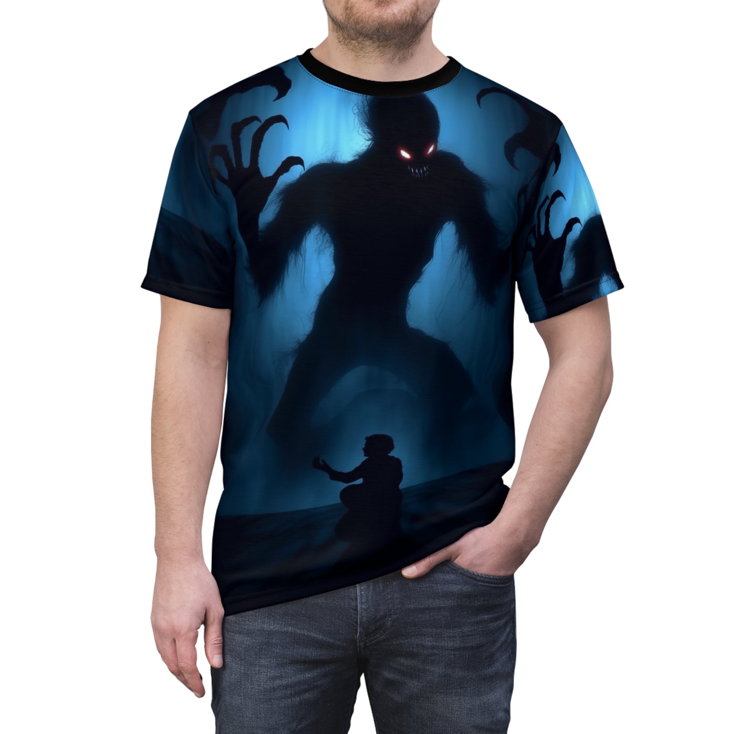 The Possession Chilling Shadows AOP Unisex Tee - Spooky Graphic T-Shirt for Halloween & Horror Fans, Scary, Creepy