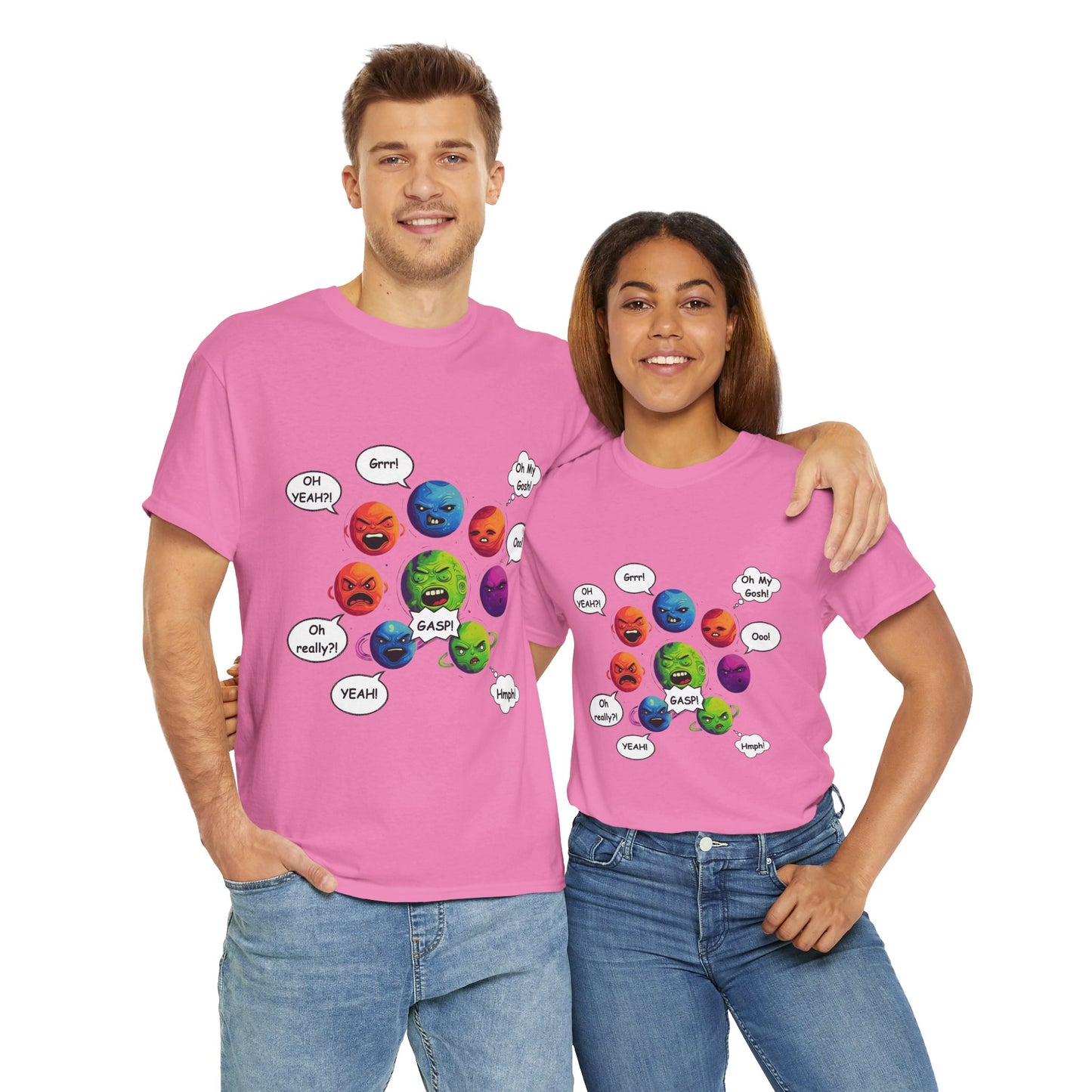 Funny Arguing Planets Unisex Heavy Cotton Tee Shirt - Fun Emoji Solar System Expressions Graphic T-Shirt, Geek, Nerd, Space