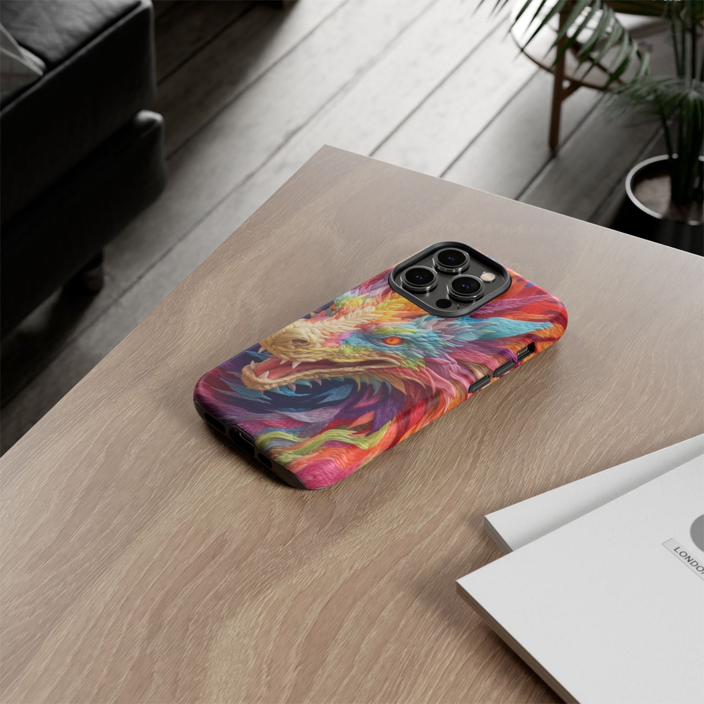 Vibrant 3D Embroidery Embroidered Rainbow Dragon Phone Case - Tough Protection for Fantasy Lovers, DND, RPG, TTRPG, Geek, Nerd