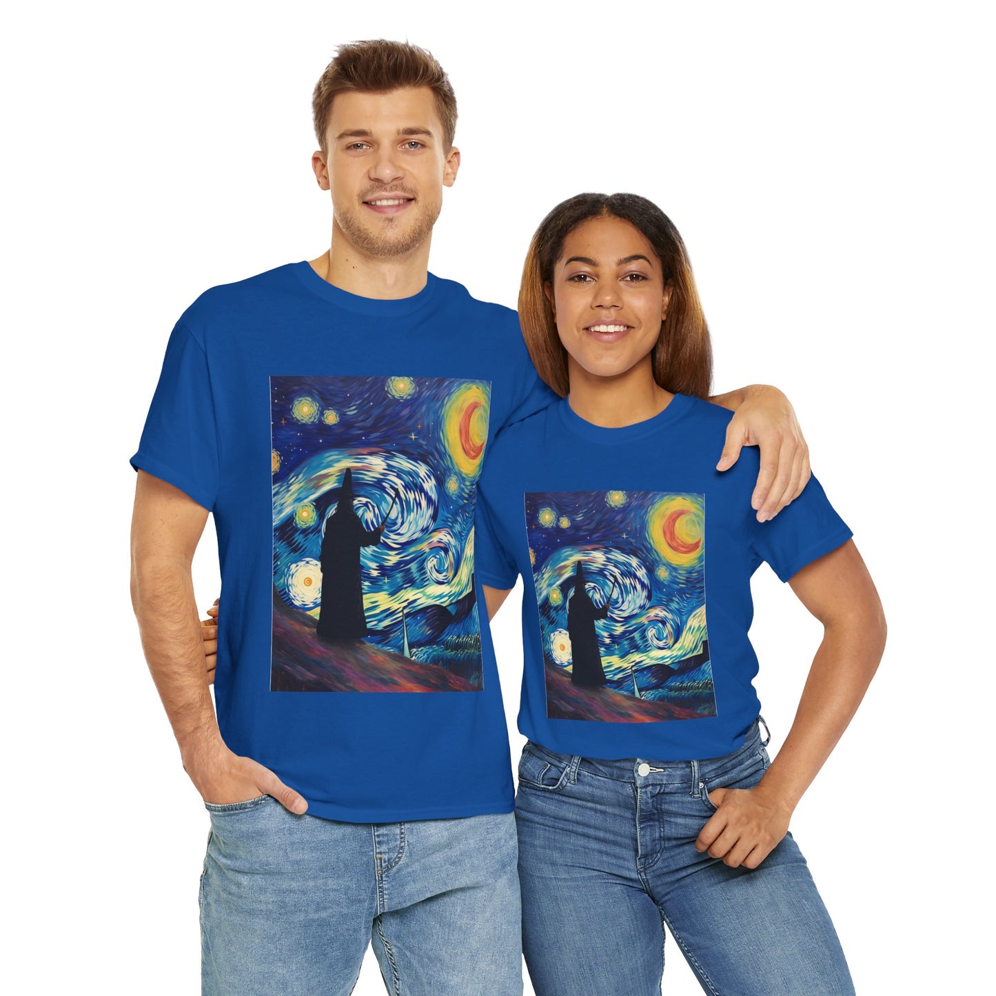 Casting Wizard Starry Night Unisex Heavy Cotton Tee - Artistic Graphic T-Shirt, D&D, DND, Fantasy, Magic, RPG, TTRPG, Geek, Nerd