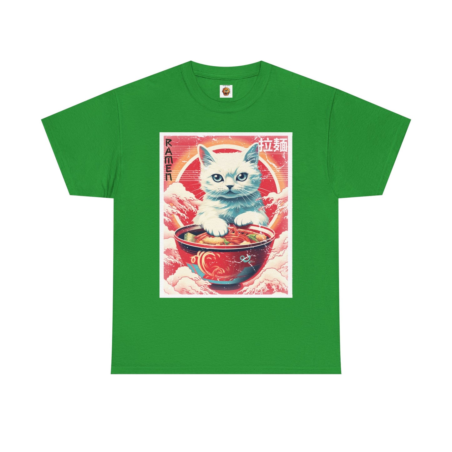 Cute Kawaii Anime Cat Eating Ramen Unisex Heavy Cotton Tee Shirt T-Shirt - Perfect for Animal Lovers and Foodies, Vintage Ad Style, Geek, Nerd
