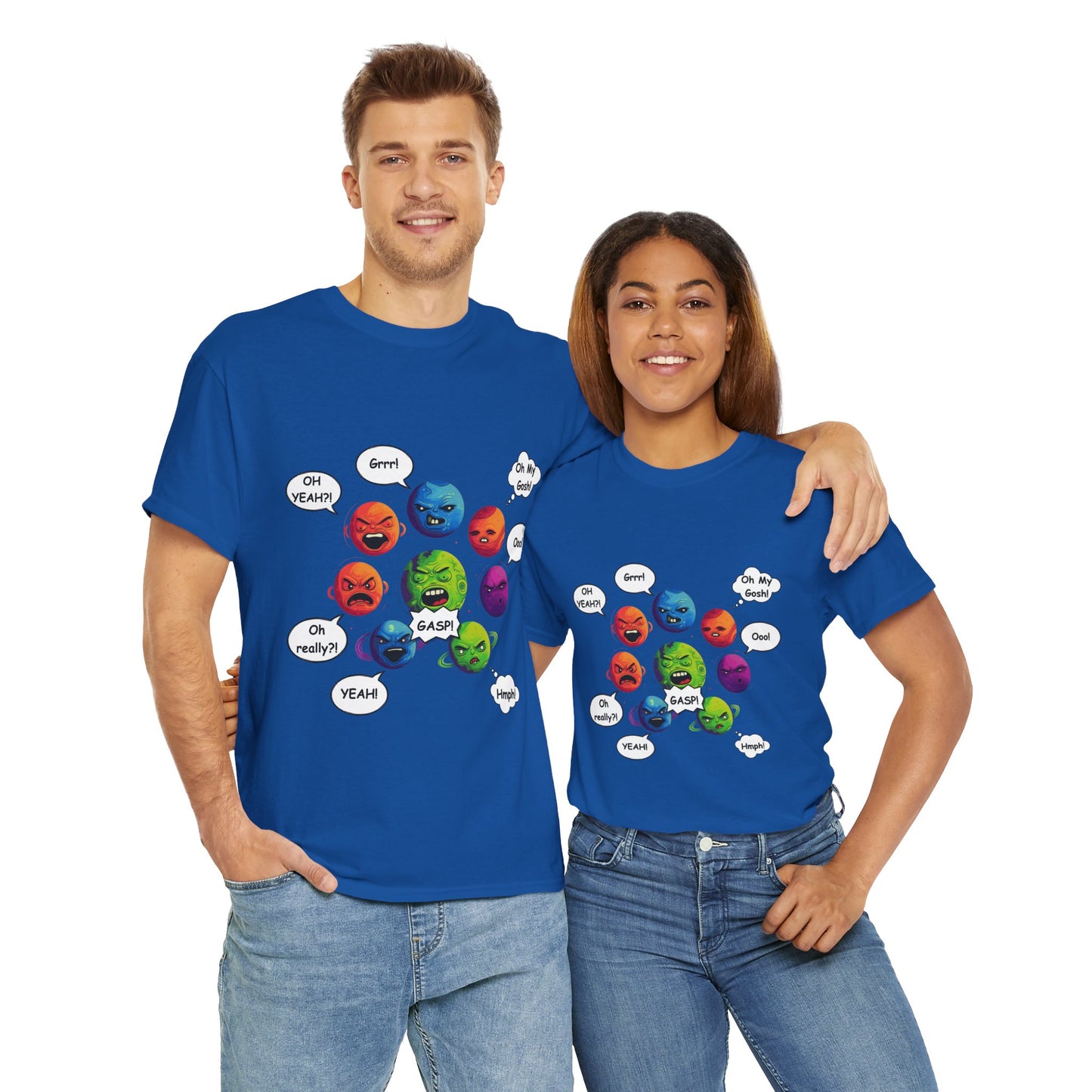 Funny Arguing Planets Unisex Heavy Cotton Tee Shirt - Fun Emoji Solar System Expressions Graphic T-Shirt, Geek, Nerd, Space