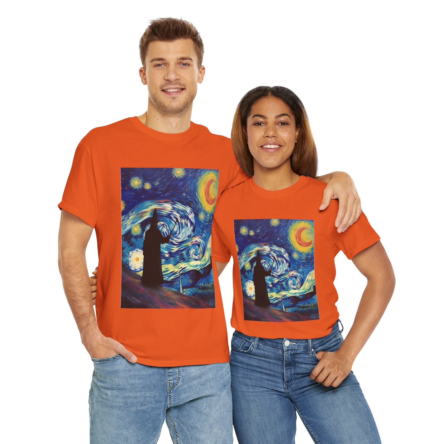 Casting Wizard Starry Night Unisex Heavy Cotton Tee - Artistic Graphic T-Shirt, D&D, DND, Fantasy, Magic, RPG, TTRPG, Geek, Nerd