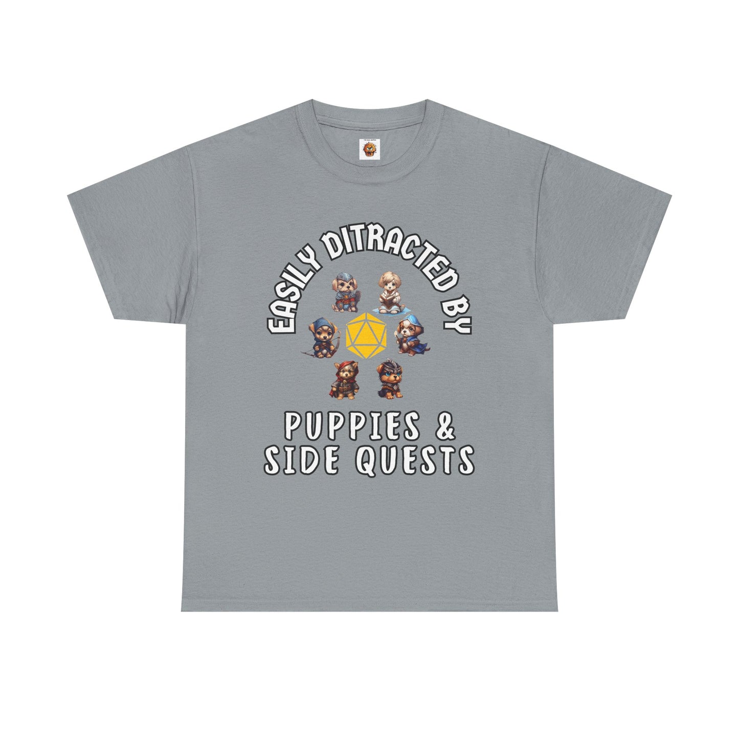 'Easily Distracted by Puppies & Side Quests' Unisex Heavy Cotton Tee Shirt - Shirt for Dog Lovers, DND, RPG, TTRPG, Roleplaying Game, Geek, Nerd
