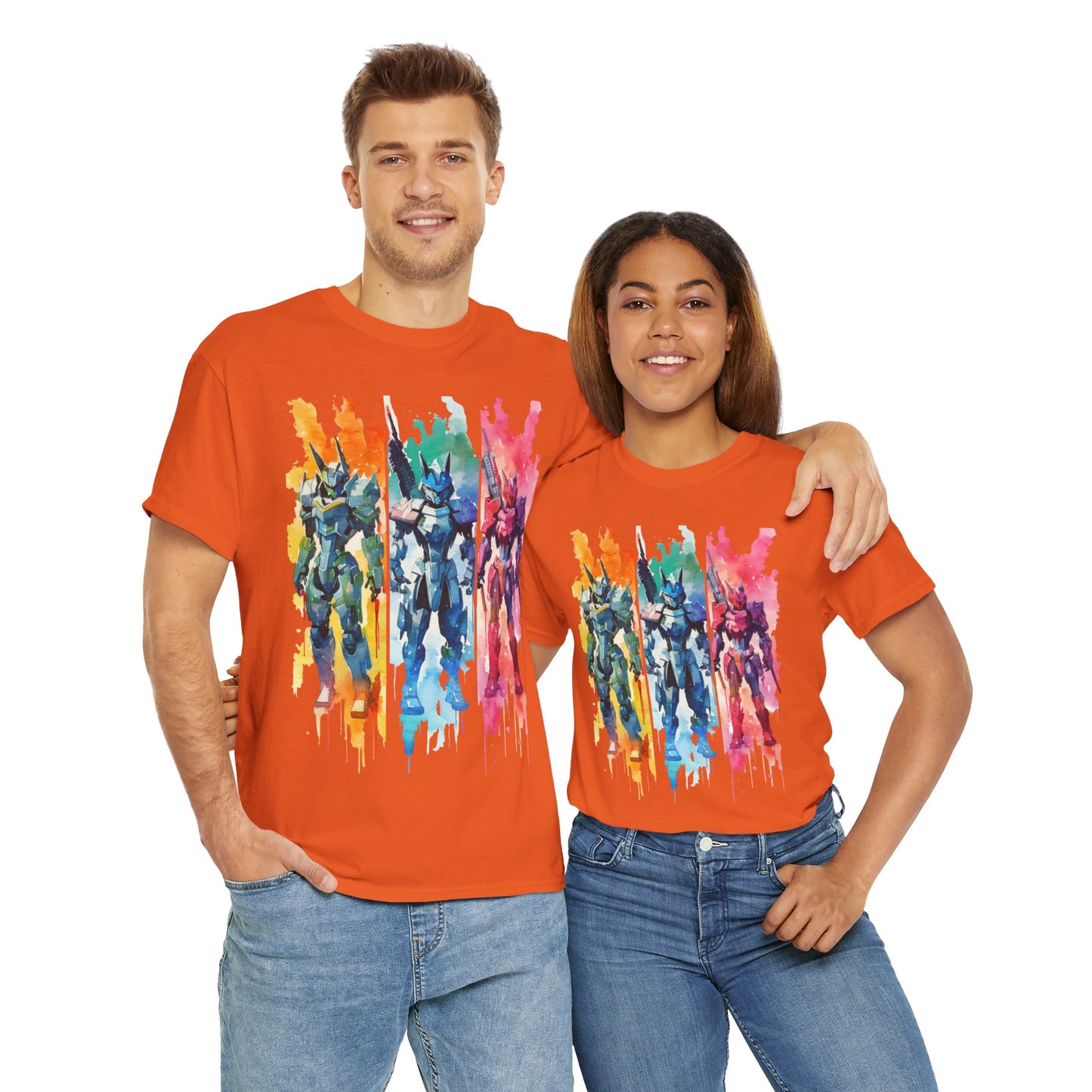 Watercolor Brushstroke Anime Mecha Art Unisex Heavy Cotton Tee Shirt - Mobile Battle Suit Armor, Geek, Nerd, Colorful