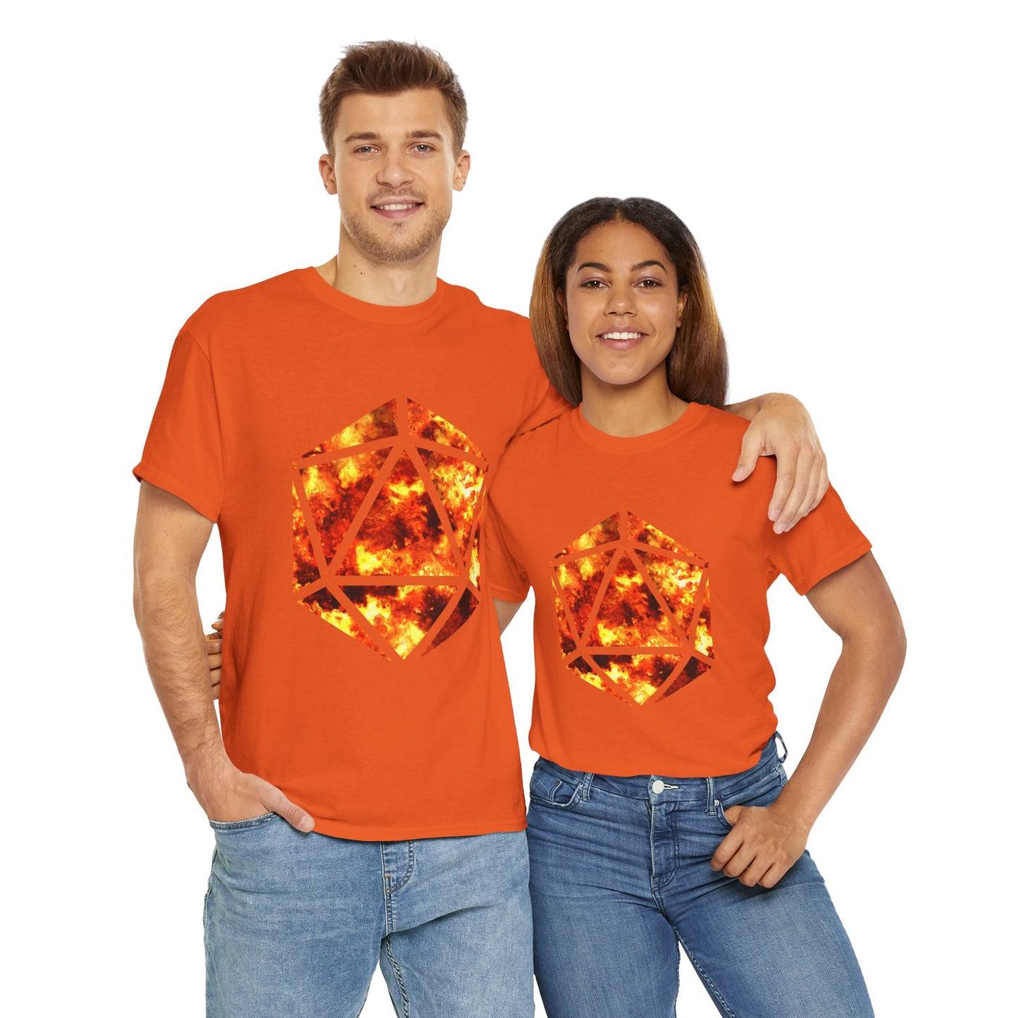 D20 Fire Element Fiery Geometric Unisex Tee - Bold Graphic Cotton Shirt, Casual Wear, Streetwear, Gamer Gift, Unique Art Tee, DND, RPG, TTRPG, Geek, Nerd