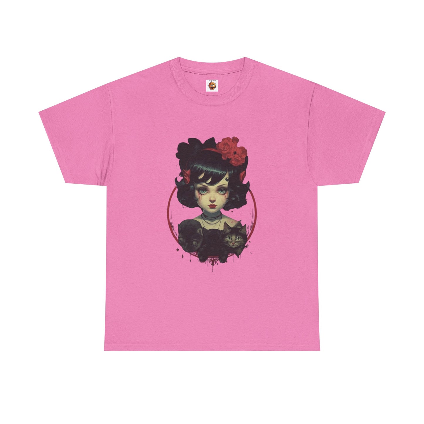 Coquette Gothic Girl With Cat Pets Unisex Heavy Cotton Tee Shirt T-Shirt - Artistic Floral Design, Horror, Scary, Disturbing, Halloween, Geek, Nerd