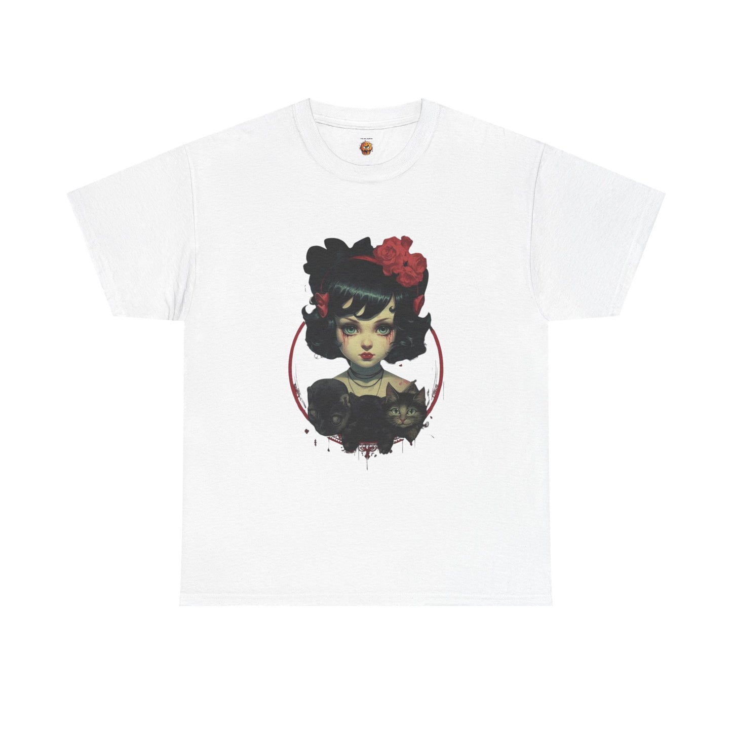 Coquette Gothic Girl With Cat Pets Unisex Heavy Cotton Tee Shirt T-Shirt - Artistic Floral Design, Horror, Scary, Disturbing, Halloween, Geek, Nerd