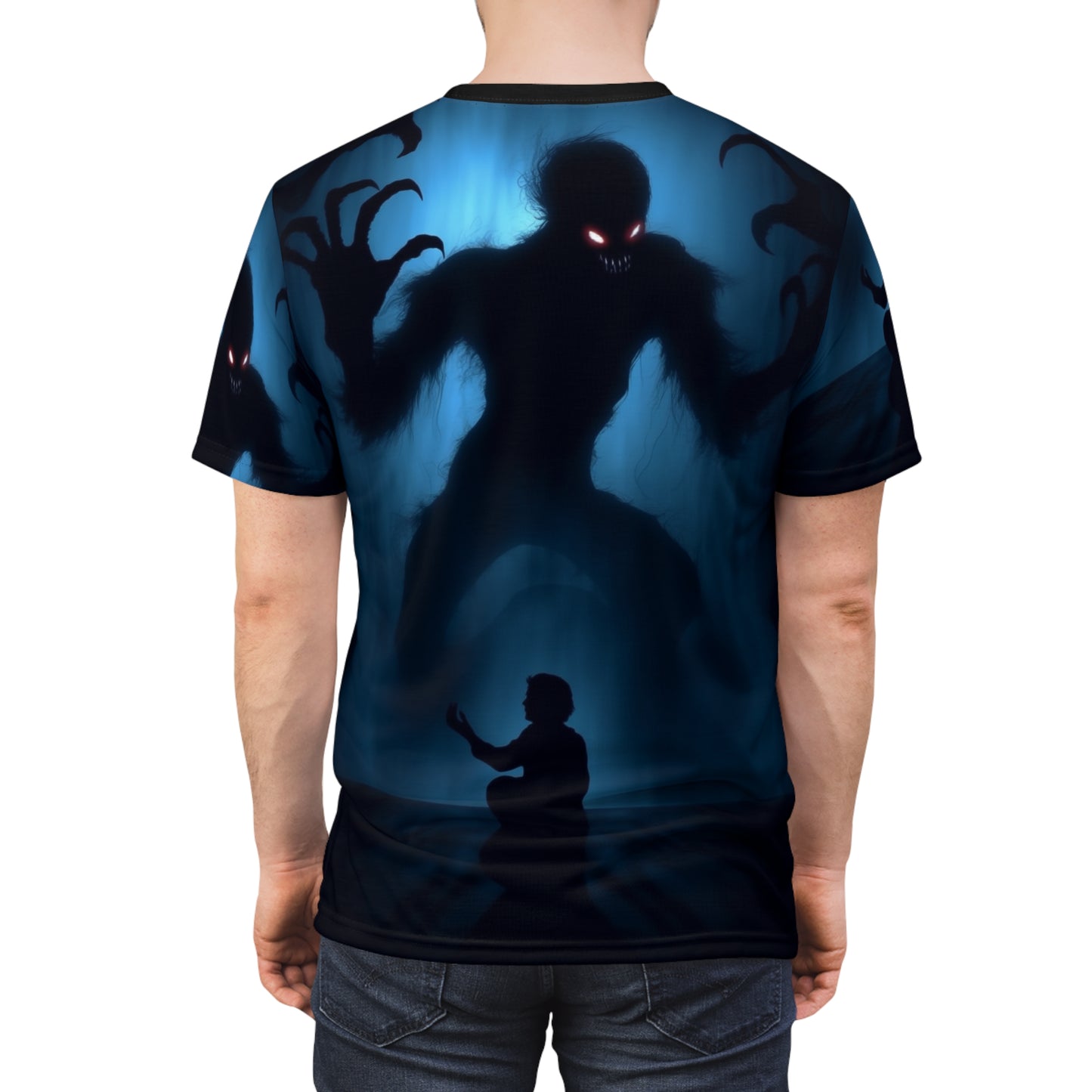 The Possession Chilling Shadows AOP Unisex Tee - Spooky Graphic T-Shirt for Halloween & Horror Fans, Scary, Creepy
