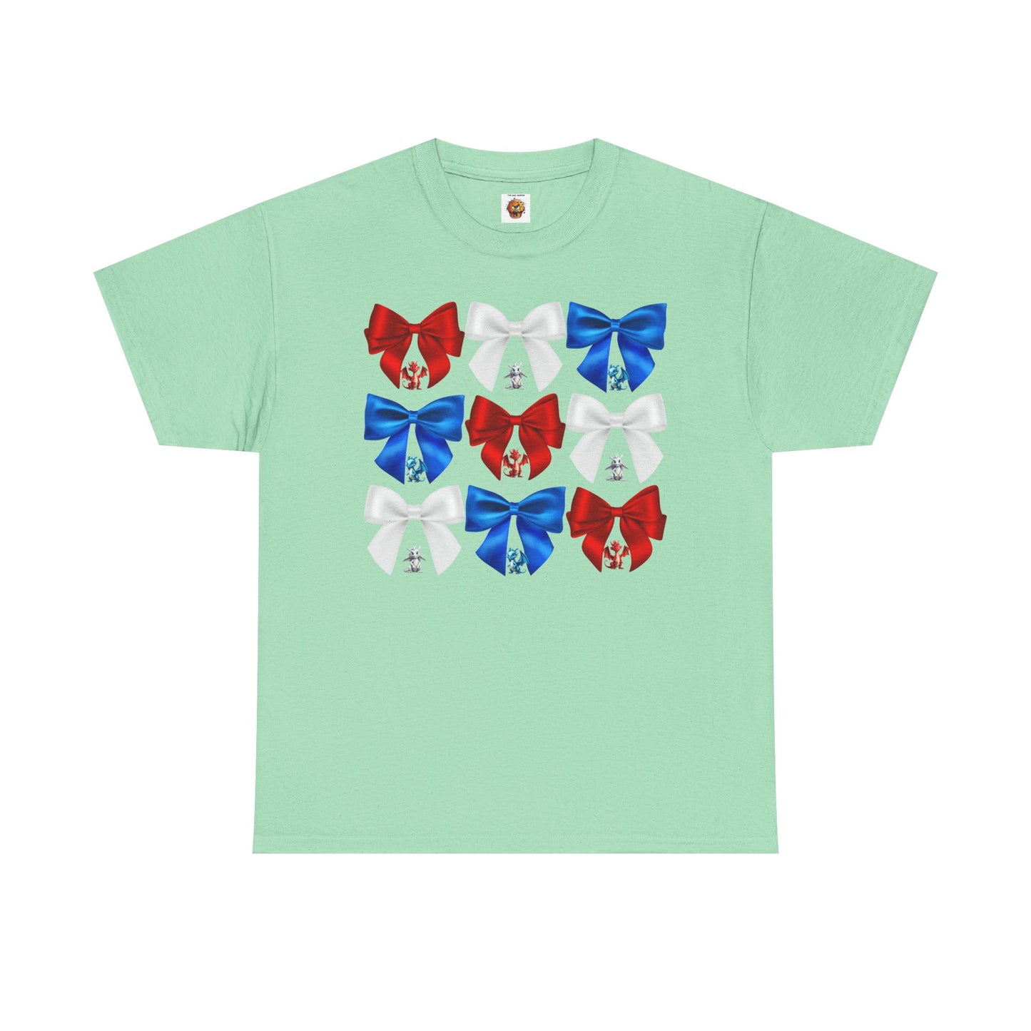 Coquette Red, White, and Blue Dragons & Bows Tee - American Flag, Perfect for Patriotic Events, Independence Day, BBQs, Family Gatherings, DND, RPG, TTRPG, Roleplaying, Geek, Nerd, 4th of July