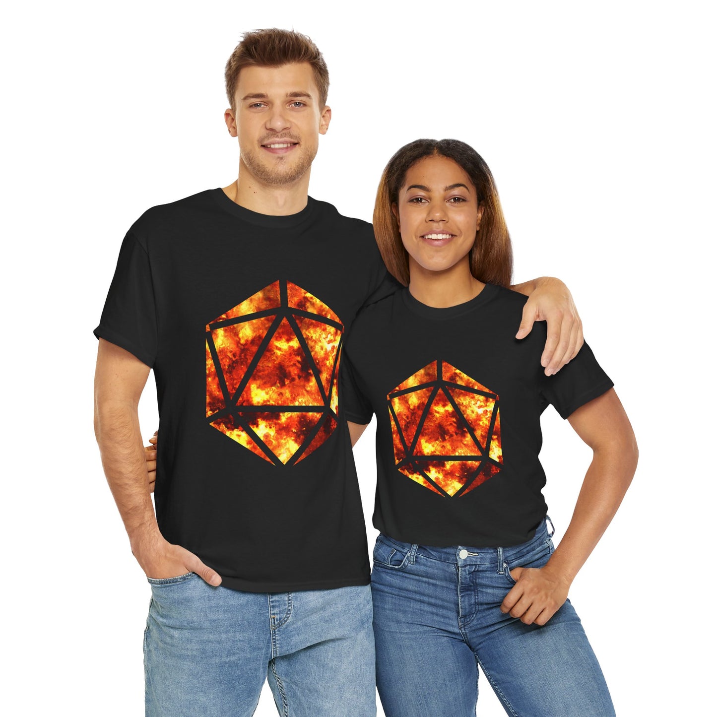 D20 Fire Element Fiery Geometric Unisex Tee - Bold Graphic Cotton Shirt, Casual Wear, Streetwear, Gamer Gift, Unique Art Tee, DND, RPG, TTRPG, Geek, Nerd