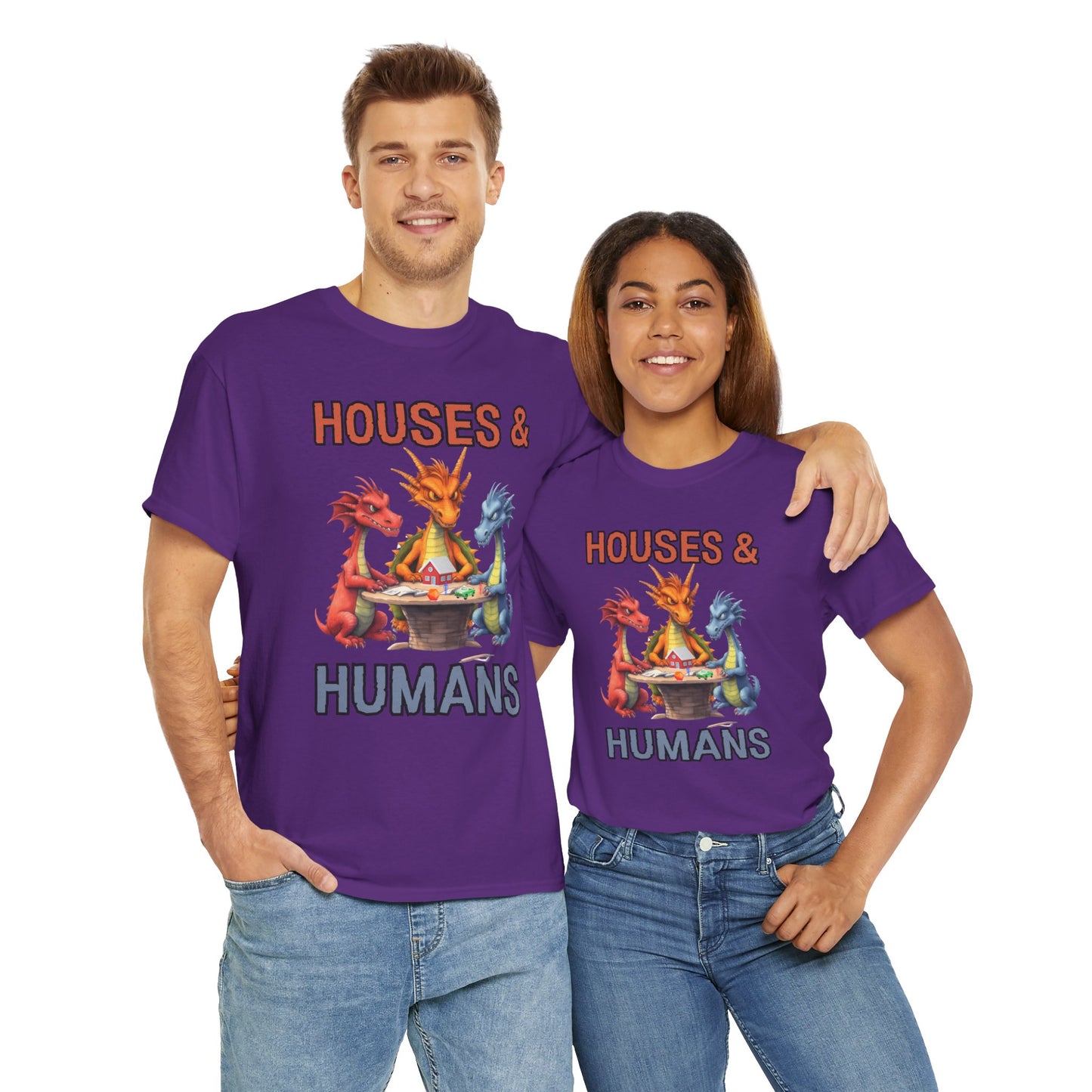 Funny 'Houses & Humans' Unisex Dragon Graphic Tee | Cute Fantasy Shirt for Fans | Gifts for Gamers, D&D, DND, RPG, TTRPG, Roleplaying, Geek, Nerd, D20