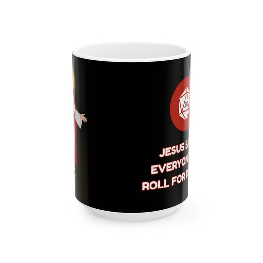 Funny Jesus Gaming Mug - Roll for Damage - Perfect Gift for Gamers, D&D, DND, RPG, TTRPG, Roleplaying, Geek, Nerd