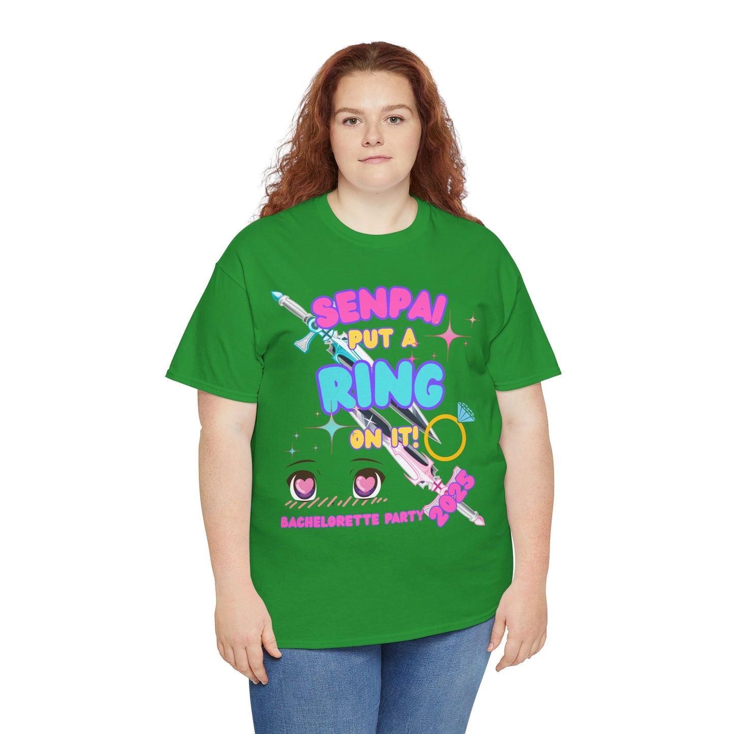 Kawaii Cute Funny Bachelorette Party Tee - "Senpai Put a Ring on It!" Unisex Heavy Cotton T-Shirt, Wedding, Engagement, Anime, Weeb, Otaku, Geek, Nerd
