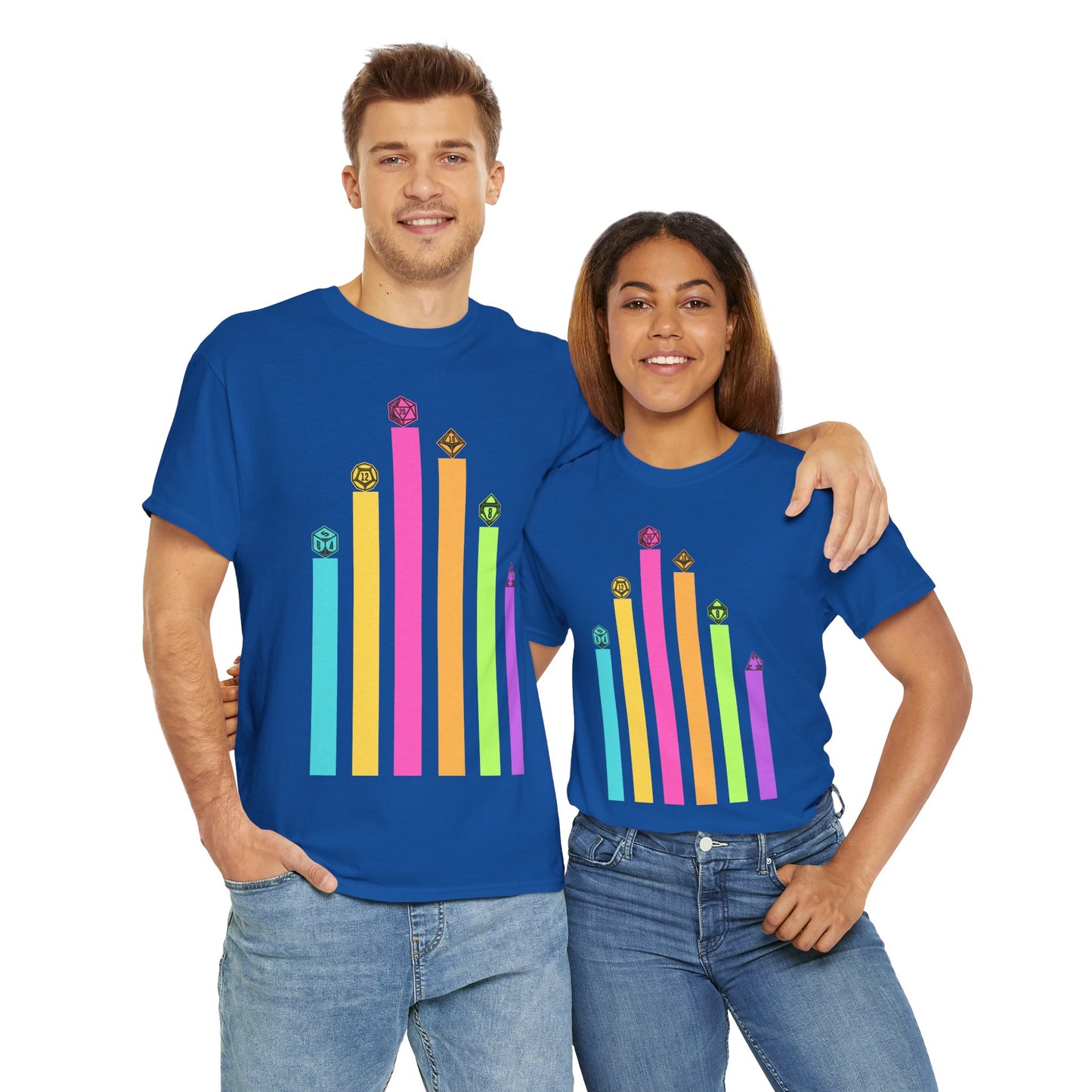 Vintage Minimalist Geeky Polyhedral Falling Retro Rainbow Dungeons and Dragons DND Unisex Heavy Cotton Tee Shirt - RPG, TTRPG, Roleplaying, Geek, Nerd