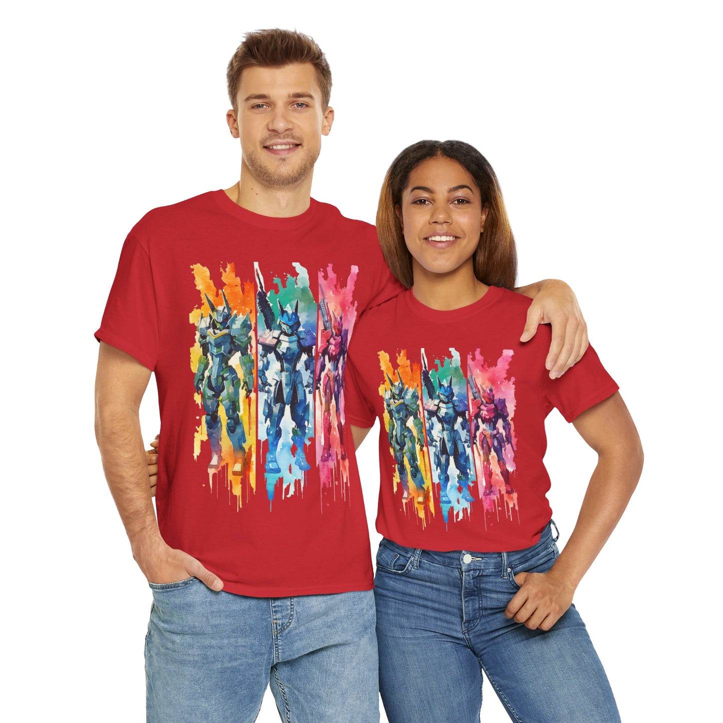 Watercolor Brushstroke Anime Mecha Art Unisex Heavy Cotton Tee Shirt - Mobile Battle Suit Armor, Geek, Nerd, Colorful